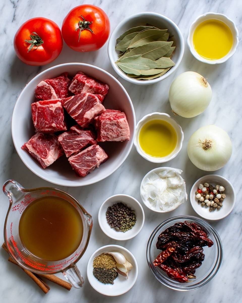 The image shows an overhead view of a white marbled surface with various cooking ingredients arranged neatly. There are two red tomatoes on the left, above a white bowl filled with large chunks of raw beef chuck roast showing red and marbled white fat. Near the center, a white bowl holds light green bay leaves, next to a small white bowl of yellow oil, and a clear glass bowl of liquid vinegar. To the right, a halved white onion sits along with a small white bowl containing garlic cloves. Various small white bowls show salt and black pepper, a mix of spices with different shades of brown and green, and black and red peppercorns in a tiny bowl with a red rim. In the lower right corner, a clear glass bowl holds dark dried chiles in red, black, and orange tones. At the bottom left, a clear glass measuring cup contains golden-brown broth. A cinnamon stick lies diagonally near the top center. All items are spaced evenly on the white marbled surface. Photo taken with an iphone --ar 4:5 --v 7
