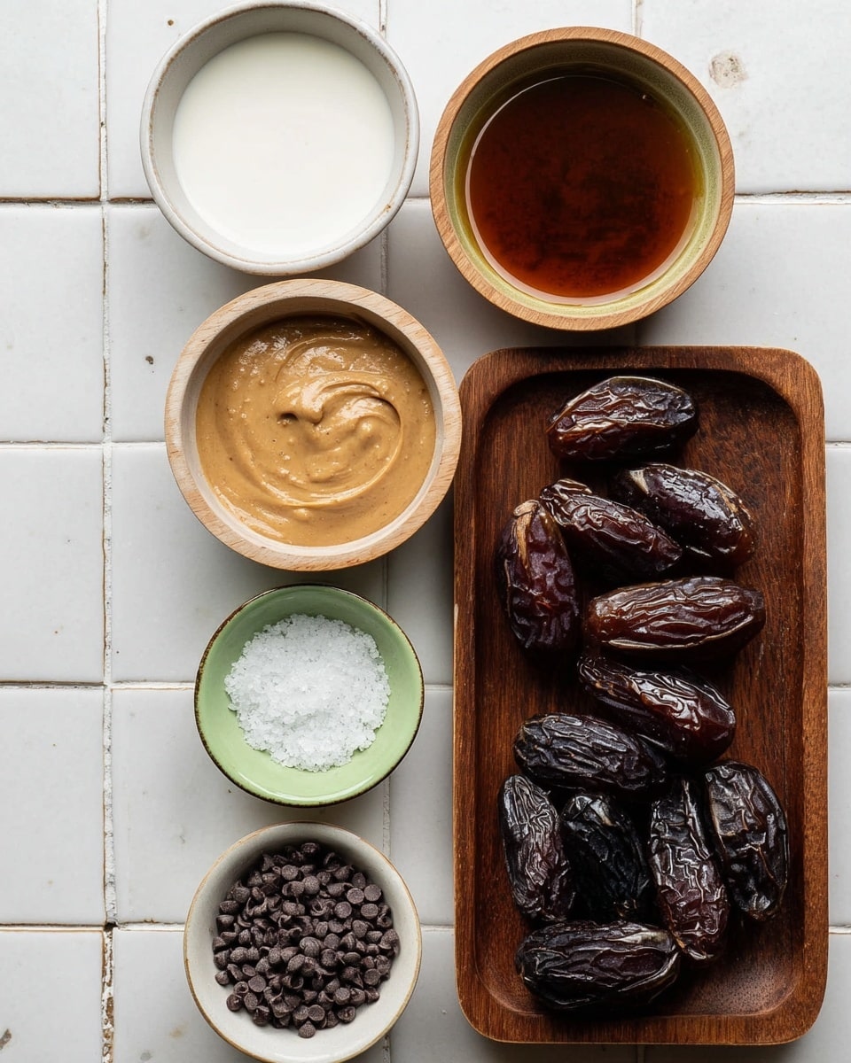 The image shows six small bowls and a wooden tray with ingredients on a white tiled surface. From left to right, the top row holds a white bowl with a creamy white liquid, a white bowl with dark caramel-colored liquid, and a light brown wooden bowl with smooth beige peanut butter. The middle row has a small pale green bowl filled with coarse white salt. The bottom row contains a dark brown wooden bowl full of dark chocolate chips, and on the right side, a dark wooden tray holds a pile of shiny, dark brown dates. The whole scene is simple and clean, with natural colors and textures, photo taken with an iphone --ar 4:5 --v 7