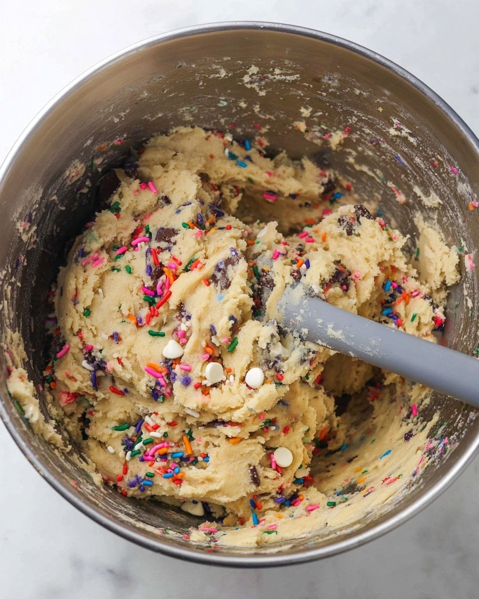 A close-up view of a silver metal mixing bowl filled with thick cookie dough. The dough is light beige and contains colorful rainbow sprinkles, white chocolate chips, and dark chocolate chips mixed evenly throughout. A gray spatula with a metal handle rests inside the bowl, partially covered in dough. The bowl is placed on a white marbled surface. photo taken with an iphone --ar 4:5 --v 7