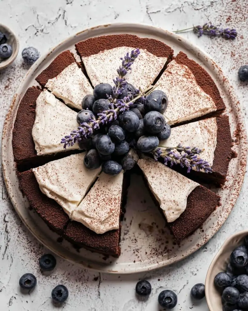 Flourless Chocolate Blueberry Cake with Lavender Whipped Cream Recipe