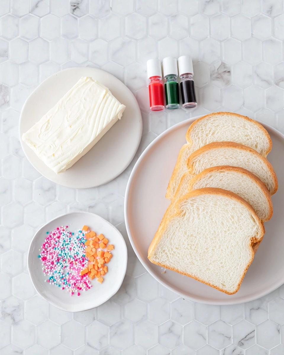 The image shows ingredients for a colorful bread snack on a white marbled hexagon tile surface. At the bottom right, there is a white plate with five slices of plain white bread stacked loosely. Above the bread, towards the left, is another white plate holding a block of smooth, white cream cheese with soft texture. Near the top center, there is a small white bowl filled with multi-colored sprinkles including pink, white, orange, blue, and green shapes. To the right of the bowl, there are four small bottles of food coloring in red, black, orange, and green, standing upright on the surface. The clean and bright setup highlights the simple ingredients clearly. photo taken with an iphone --ar 4:5 --v 7
