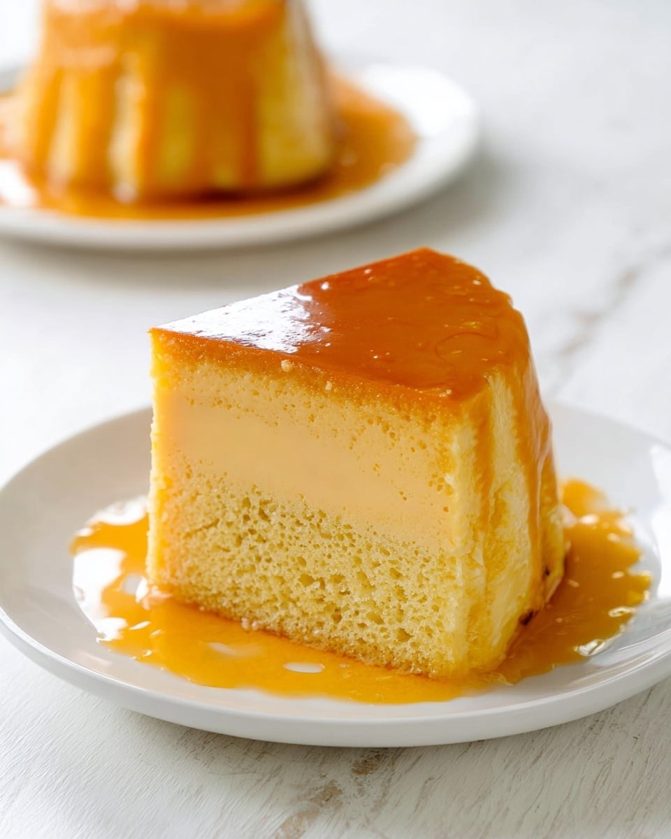 A slice of dessert with two clear layers sits on a white plate over a white marbled surface; the bottom layer is a light yellow sponge cake with a porous texture, and the top layer is a smooth, creamy flan with a shiny caramel glaze covering the entire top and dripping slightly onto the plate. The background shows a blurred second slice on a white plate. Photo taken with an iphone --ar 4:5 --v 7