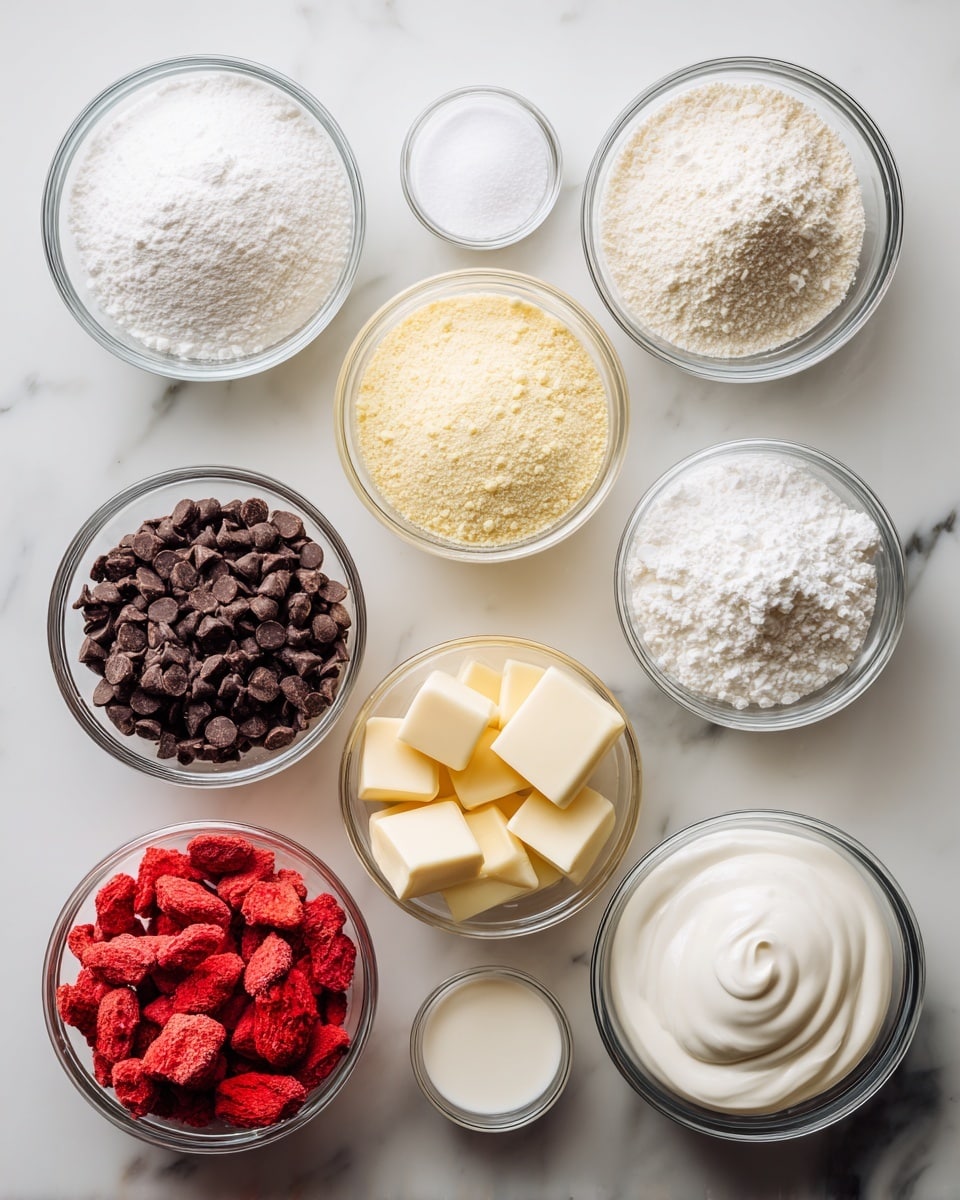 The image shows nine small clear glass bowls placed on a white marbled surface. Each bowl contains a different ingredient: a bowl of fine white powdered sugar, a bowl of light yellow almond flour with a soft powder texture, a bowl with slightly yellowish egg whites that look liquid and smooth, a smaller bowl of white granulated sugar, a bowl filled with small dark brown chocolate chips, a bowl with pale yellow butter cut into small blocks, a bowl with bright red freeze-dried strawberry pieces that look crunchy, and a small bowl of white heavy cream with a smooth surface. The bowls are arranged neatly in rows, showing a clear view of each ingredient’s color and texture. photo taken with an iphone --ar 4:5 --v 7