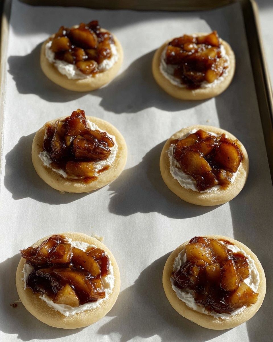 This image shows five small round pastries on a baking tray lined with white parchment paper, placed on a white marbled surface. Each pastry has two layers: a bottom dough layer that is light tan and smooth, shaped into a shallow cup with slightly raised edges, and a topping of white cream or cheese spread on the dough base. On top of the white layer, there are uneven chunks of cooked fruit, likely apple or pear, glazed in a dark brown syrup that gives a shiny, sticky appearance. The pastries are evenly spaced, and soft natural light casts diagonal shadows across the scene, adding warmth. photo taken with an iphone --ar 4:5 --v 7