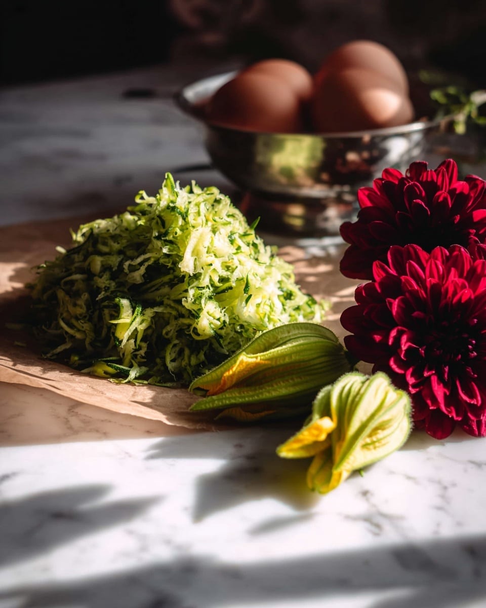 A mound of shredded green zucchini with a rough, moist texture sits on a piece of light brown parchment paper. To the side of the zucchini mound is a whole zucchini flower, bright green with a slightly wrinkled surface. In the background, there is a silver bowl with two brown eggs inside and a deep red flower resting by the bowl. Another similar red flower is placed in front of the zucchini on a white marbled surface with soft sunlight casting shadows. Photo taken with an iphone --ar 4:5 --v 7