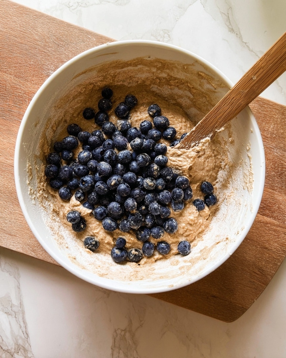 A white bowl filled with light brown mixed batter sits on a wooden cutting board placed on a white marbled surface. On top of the batter, there is a generous layer of fresh scattered blueberries in dark blue color. A wooden spatula with batter stuck to it leans inside the bowl on the right side. The texture of the batter is thick and slightly grainy with some flour visible on the edges inside the bowl. Photo taken with an iphone --ar 4:5 --v 7