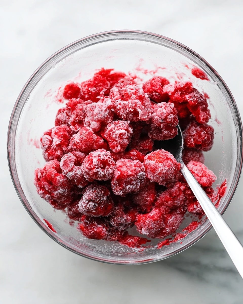 A clear glass bowl sits on a white marbled surface, filled with bright red frozen raspberries coated lightly with white powder. The raspberries are clustered together, showing their bumpy texture and icy frost. A shiny metal spoon is partly buried in the berries, with its handle resting on the edge of the bowl. photo taken with an iphone --ar 4:5 --v 7