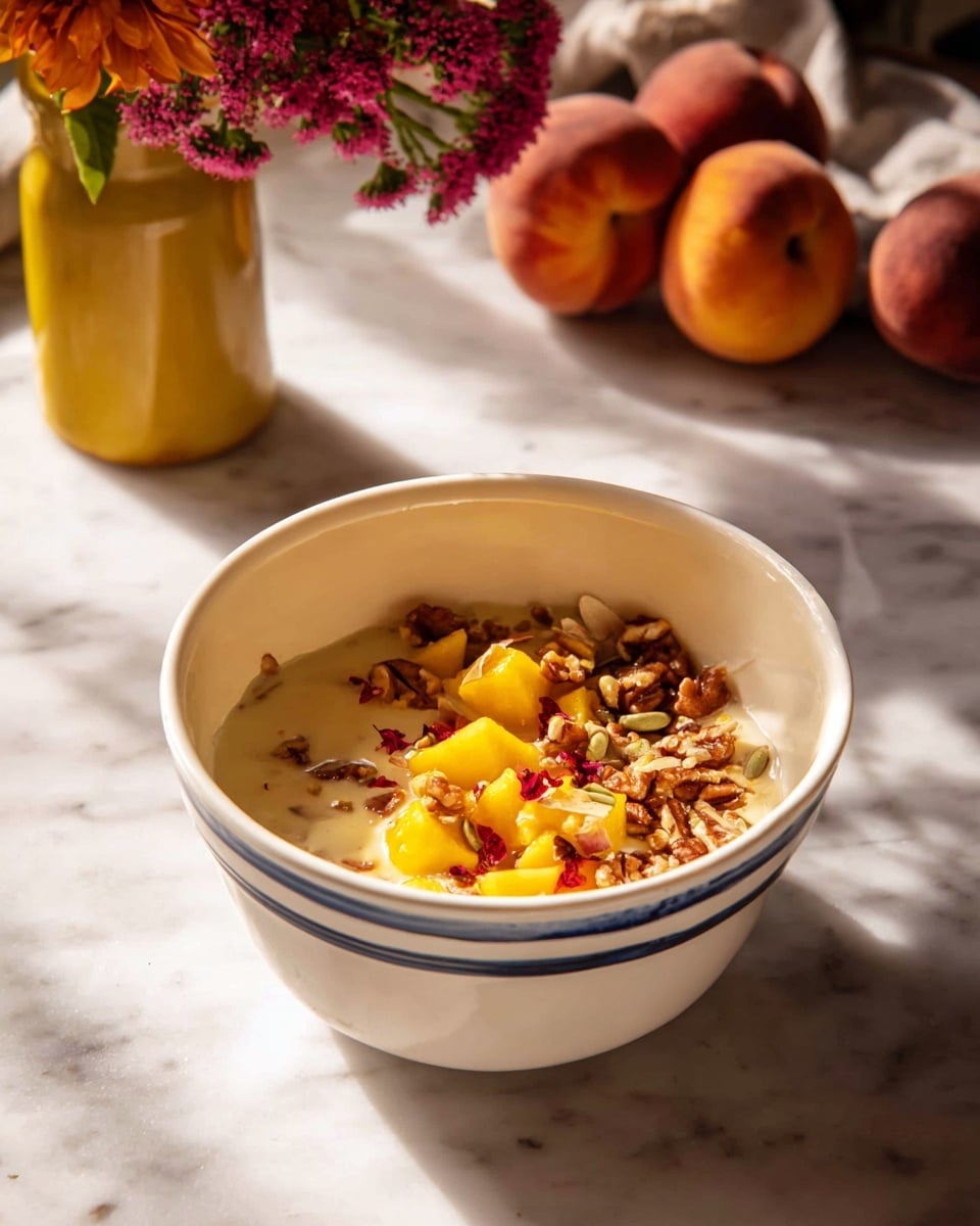 A white bowl with a blue stripe near the bottom holds a mix of three visible layers: at the base is a creamy light beige liquid, topped with chopped yellow and red pieces of fruit spread on one side, and brown nut pieces clustered on the other side. The bowl sits on a white marbled surface with soft sunlight casting shadows. In the blurred background, there is a small yellow vase with pink and orange flowers and some whole peaches. Photo taken with an iphone --ar 4:5 --v 7