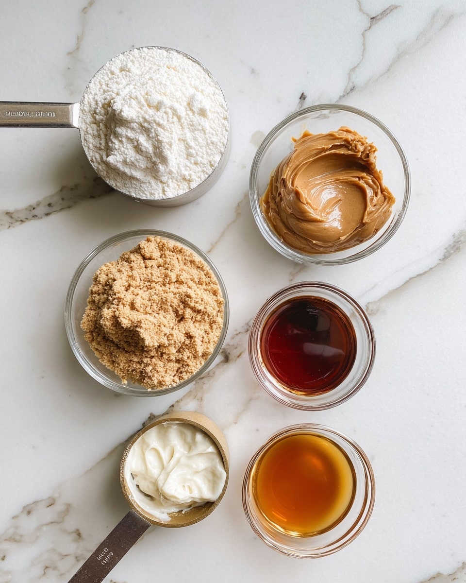 The image shows six small containers placed on a white marbled surface. At top right, there is a small clear glass bowl with brown peanut butter, smooth and shiny. Below it to the left is a small clear glass bowl filled with light brown crumbly powder. To the left of that is a metal measuring cup filled with fine white powder that looks soft. Above the powder cup is a smaller metal measuring cup with a creamy white soft ingredient. Between these two metal cups, slightly to the top center, is a small clear glass bowl filled with a dark amber liquid, and below the crumbly powder bowl is another small clear glass bowl with a slightly lighter amber liquid. The containers and their contents are neatly arranged with good lighting and sharp focus, photo taken with an iphone --ar 4:5 --v 7
