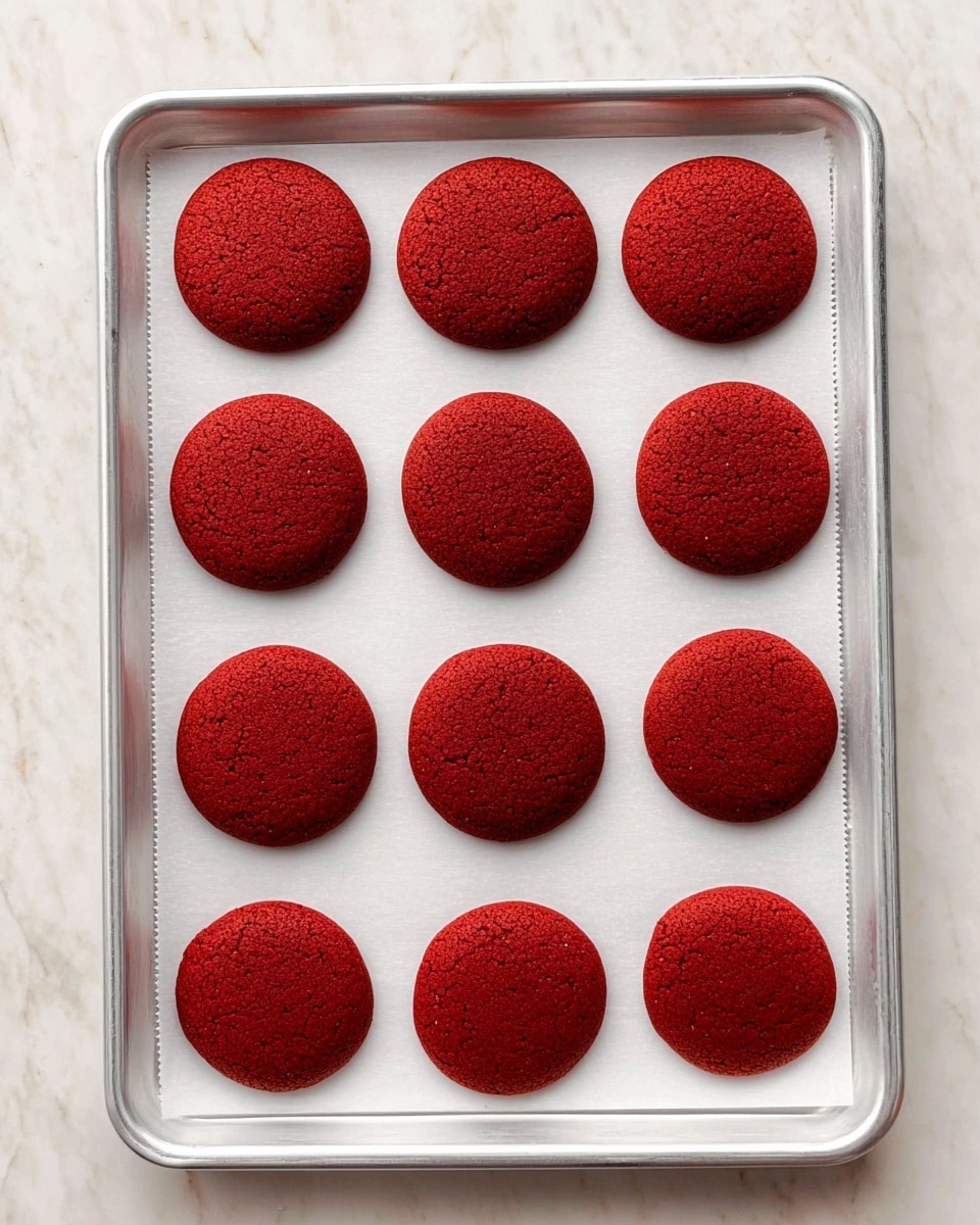 The image shows a silver baking tray with twelve round red cookies evenly spaced in three rows and four columns on white parchment paper. Each cookie has a smooth, consistent surface with a rich, deep red color and slightly porous texture, appearing soft and freshly baked. The background is a white marbled surface, creating a clean and simple setting. photo taken with an iphone --ar 4:5 --v 7