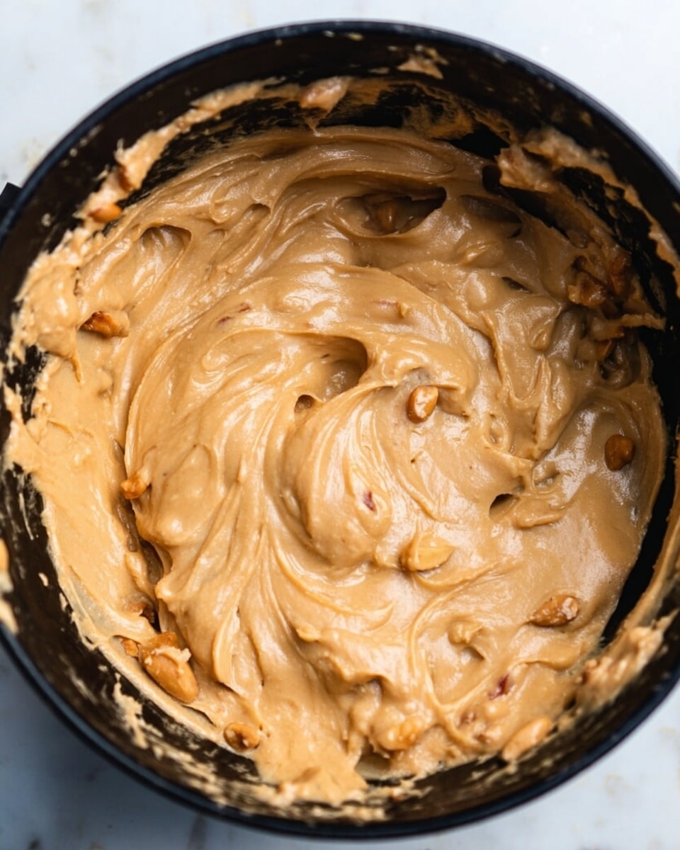 A close-up view of thick, creamy peanut butter with small peanut pieces mixed in, showing a smooth yet slightly chunky texture. The peanut butter fills the black pot almost to the top, with soft swirls and ridges on the surface that reflect light, giving a rich and fresh appearance. The pot edges have bits of peanut butter stuck to them, adding to the homemade feel. The background shows a white marbled surface. photo taken with an iphone --ar 4:5 --v 7