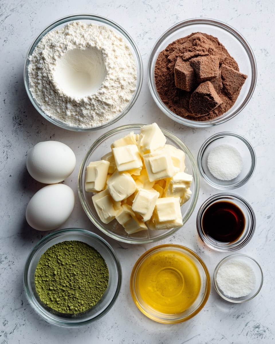 A top view of eight small clear glass bowls placed on a white marbled surface, each bowl holding different baking ingredients: the top left bowl holds white flour with a slight hollow in the center, the top right bowl is filled with light brown sugar with a slightly clumped texture, below the flour is a bowl filled with white chocolate chunks showing rough and uneven shapes, next to it on the right is melted butter glowing with a bright yellow color and small bubbles. Below the white chocolate, two whole white eggs sit side by side in a small bowl. To the right, three smaller bowls form a vertical line: the top one contains a small amount of fine white salt, the middle one holds green matcha powder with a smooth surface, and the bottom one holds dark brown vanilla extract, all neatly arranged in clear glass bowls. photo taken with an iphone --ar 4:5 --v 7