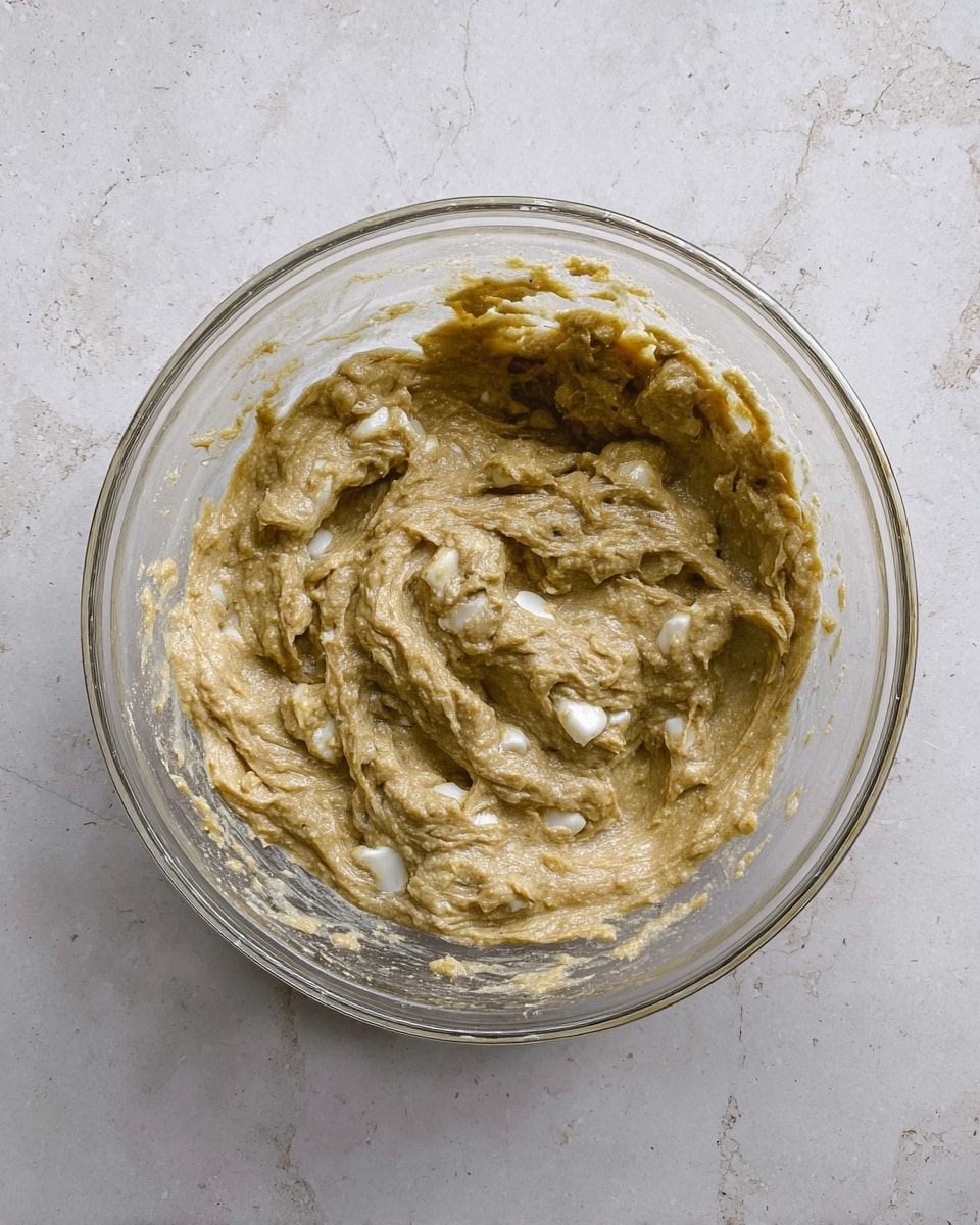 A clear glass bowl holds a thick, creamy mixture with a light brownish-green color, dotted with small white chunks scattered throughout. The mixture has a textured, slightly sticky appearance with visible swirls and folds from stirring. The bowl sits on a white marbled surface that contrasts softly with the color of the mixture. photo taken with an iphone --ar 4:5 --v 7