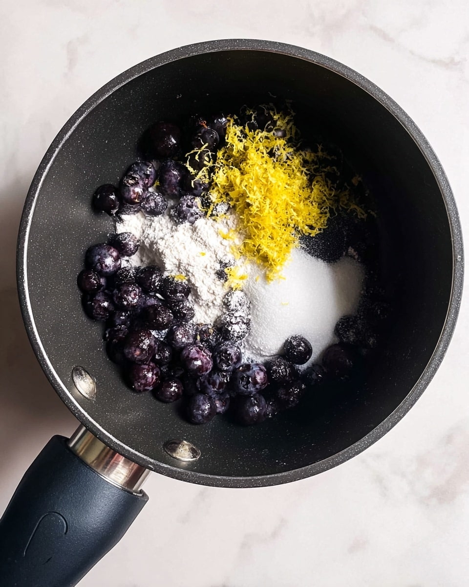 A close-up view of a dark black saucepan containing three layers of ingredients: the bottom layer is fresh dark purple blueberries, the middle layer is a light dusting of white sugar and a small heap of white flour, and the top layer is a small pile of bright yellow lemon zest on one side. The saucepan has a black handle with a shiny metal piece attached, and it is set on a white marbled surface. photo taken with an iphone --ar 4:5 --v 7