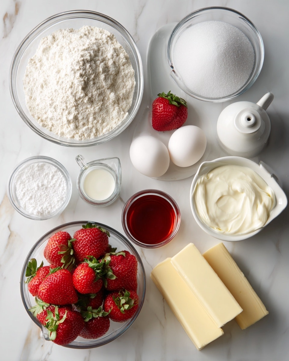 The image shows various ingredients in clear glass bowls and measuring cups arranged neatly on a white marbled surface. There is one bowl filled with white all-purpose flour, another with bright red strawberries with green leaves on top, a bowl of white granulated sugar, and a larger bowl of white powdered sugar. Three whole eggs are in a small bowl, a small glass cup contains white heavy cream, and another small glass cup holds some milk. Two sticks of pale yellow butter lie side by side next to the milk. Small black text labels identify each ingredient, and some extra ingredients like vanilla extract, strawberry extract, baking powder, salt, corn syrup, and gel icing color are written in smaller text grouped together on the left side. photo taken with an iphone --ar 4:5 --v 7