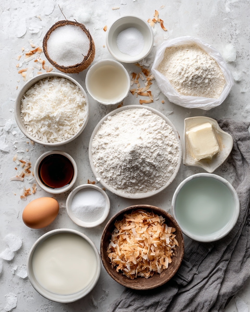 The image shows a flat lay of various ingredients arranged neatly on a white marbled surface with some toasted coconut flakes scattered around. In the center, there is a large white bag of cake mix. Surrounding it are clear, white, and brown bowls and containers holding powdered sugar, heavy cream, sweetened condensed milk, cream of coconut, vanilla in a small glass bowl, coconut extract in a dark bottle with a red cap, gelatin in a white packet, water in a white bowl, toasted coconut in a small white bowl, an egg in a small brown bowl, and a glass bottle of oil with a pale yellow color. A grey cloth fabric is placed at the bottom left corner of the image. The lighting is bright and even, highlighting the textures of the ingredients photo taken with an iphone --ar 4:5 --v 7