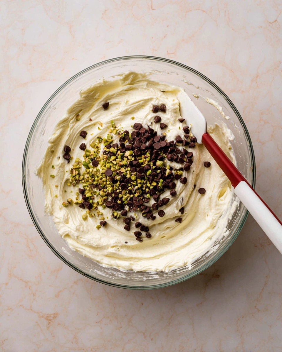 A clear glass bowl sits on a white marbled surface, filled with a creamy white mixture that has a smooth and fluffy texture, with ripples from stirring. On top of the mixture, there are small dark brown chocolate chips and small pieces of green chopped nuts, mostly in the center. A white spatula with a red handle rests inside the bowl, partially submerged in the mixture. The overall look is fresh and textured with a mix of soft cream and crunchy small toppings photo taken with an iphone --ar 4:5 --v 7