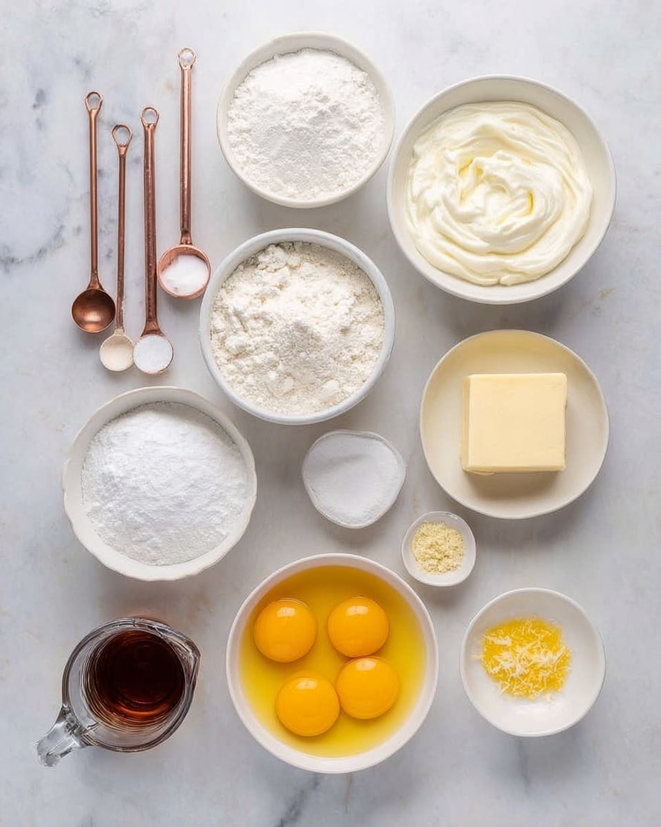 The image shows a white marbled surface with 11 small white dishes and spoons arranged neatly. There is one white bowl with bright yellow egg yolks in the center bottom, next to it is a white bowl of clear egg whites. Beside the egg whites is a white bowl with a square piece of pale yellow butter. Above the egg yolks, there is a white bowl with thick creamy white sour cream or yogurt. To the left of that is another white bowl with smooth white cream. Above that are two white bowls, one full of fine white sugar and the other full of white flour. On the left side are three copper measuring spoons, one with a small amount of a light beige liquid, one with white salt, and one with small yellow zest. Below the spoons is a small white dish with white baking powder. At the bottom left is a small glass pitcher with a brown liquid like vanilla extract. photo taken with an iphone --ar 4:5 --v 7