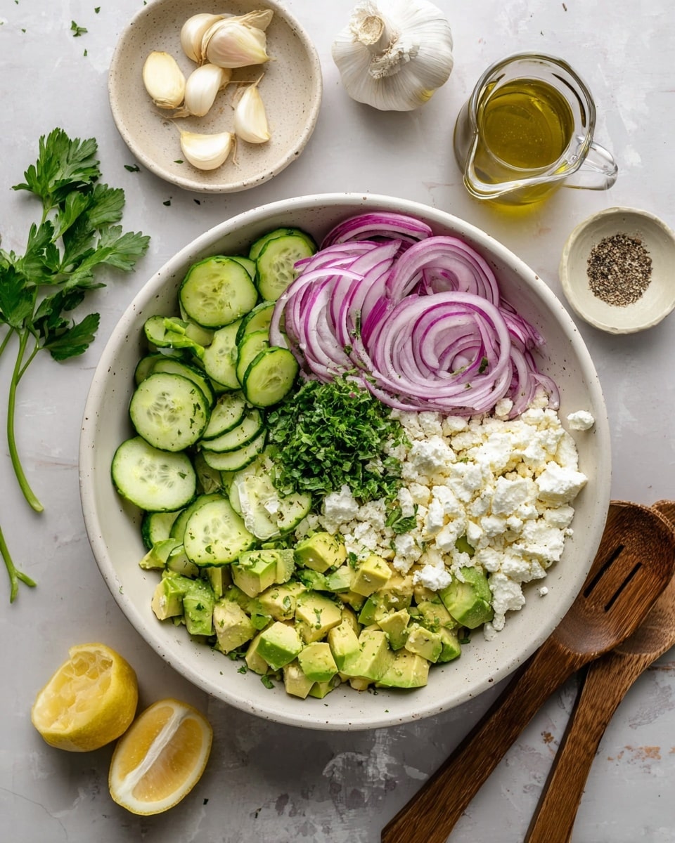 A large white bowl sits on a white marbled surface, filled with various fresh salad ingredients arranged in sections. Around the edge of the bowl, there are slices of light green cucumber, followed by thin rings of purple-red onion. Next to the onion is a small bunch of finely chopped green herbs. In the center, there is a pile of white crumbly cheese above chunks of bright green avocado. Surrounding the bowl are a small white bowl of more cheese, a small round beige plate with black pepper and salt, peeled garlic cloves, a bulb of garlic, a small jug of olive oil, a small plate with slices of lemon, and some fresh parsley leaves. Two wooden salad utensils rest beside the bowl. Photo taken with an iphone --ar 4:5 --v 7