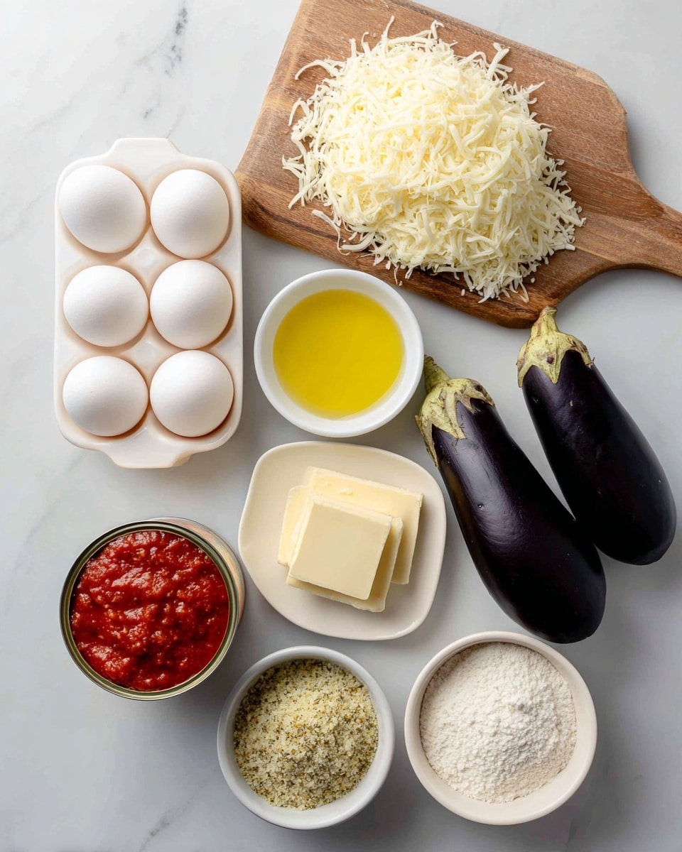 The image shows a flat layout of cooking ingredients on a white marbled surface. At the top left, there is a white egg holder with four white eggs. Beside it, on a wooden board, is a pile of shredded mozzarella cheese in white strands. Below the eggs is a small white bowl filled with yellow vegetable oil. To its right, two shiny dark purple eggplants lie side by side. Below the eggplants is a small white dish containing rectangular pieces of pale yellow unsalted butter. Next to the butter, there is an open can showing a thick red marinara sauce. Above the can, there is a small white bowl filled with Italian breadcrumbs in a light brown and green mix. Finally, to the right of the breadcrumbs, a small white bowl holds white all-purpose flour, and partially visible beside it is some sea salt. Photo taken with an iphone --ar 4:5 --v 7