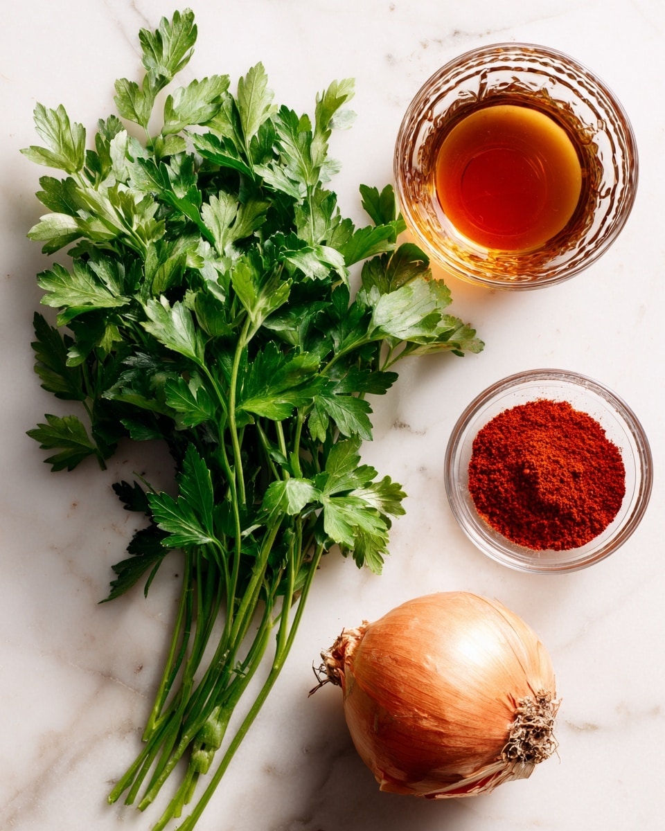 The image shows four main ingredients arranged on a white marbled surface: a bunch of fresh green parsley with vibrant leaves and long stems on the left side, a small clear glass bowl filled with light brown apple cider vinegar placed towards the top right, a medium-sized whole onion with a shiny brown skin sitting near the bottom right, and a second small clear glass bowl containing red sumac powder located near the bottom left. Each ingredient is labeled in black uppercase text close to it. photo taken with an iphone --ar 4:5 --v 7