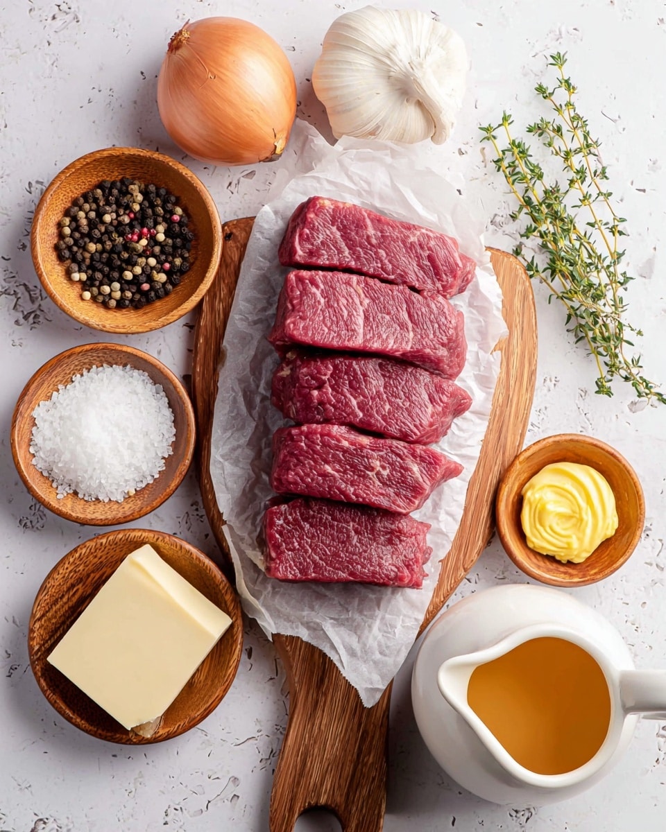 The image shows a wooden board on a white marbled surface with four thick pieces of raw dark red beef stacked slightly overlapping on a piece of white parchment paper in the center. Around the beef, there are small wooden bowls holding different ingredients: coarse white salt, whole black peppercorns, a square of firm white fat, a small thick yellow mustard dollop, and a small chunk of light yellow butter. Next to the beef is a whole shallot and two garlic cloves. There are also two white small pitchers, one filled with a light brown liquid and the other with a creamy white liquid, and a small white bowl with a warm amber liquid. A green sprig of fresh thyme lies on the marbled surface near the top right corner. photo taken with an iphone --ar 4:5 --v 7