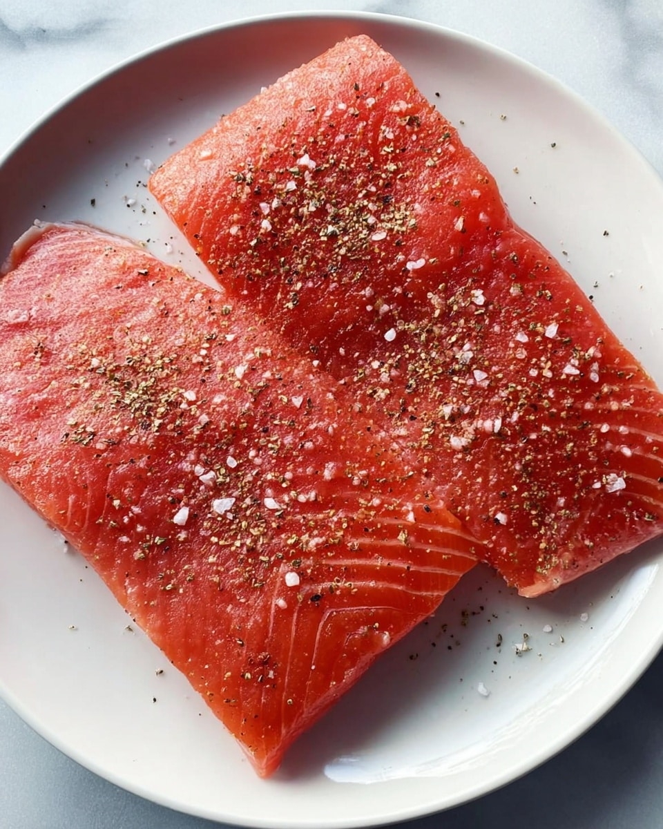 Two large pieces of raw red salmon fillets lie flat side by side on a white round plate. The salmon has a smooth, slightly shiny surface with visible lines and is sprinkled evenly with coarse black pepper and sea salt. The plate sits on a white marbled textured surface, giving a clean and fresh look. photo taken with an iphone --ar 4:5 --v 7