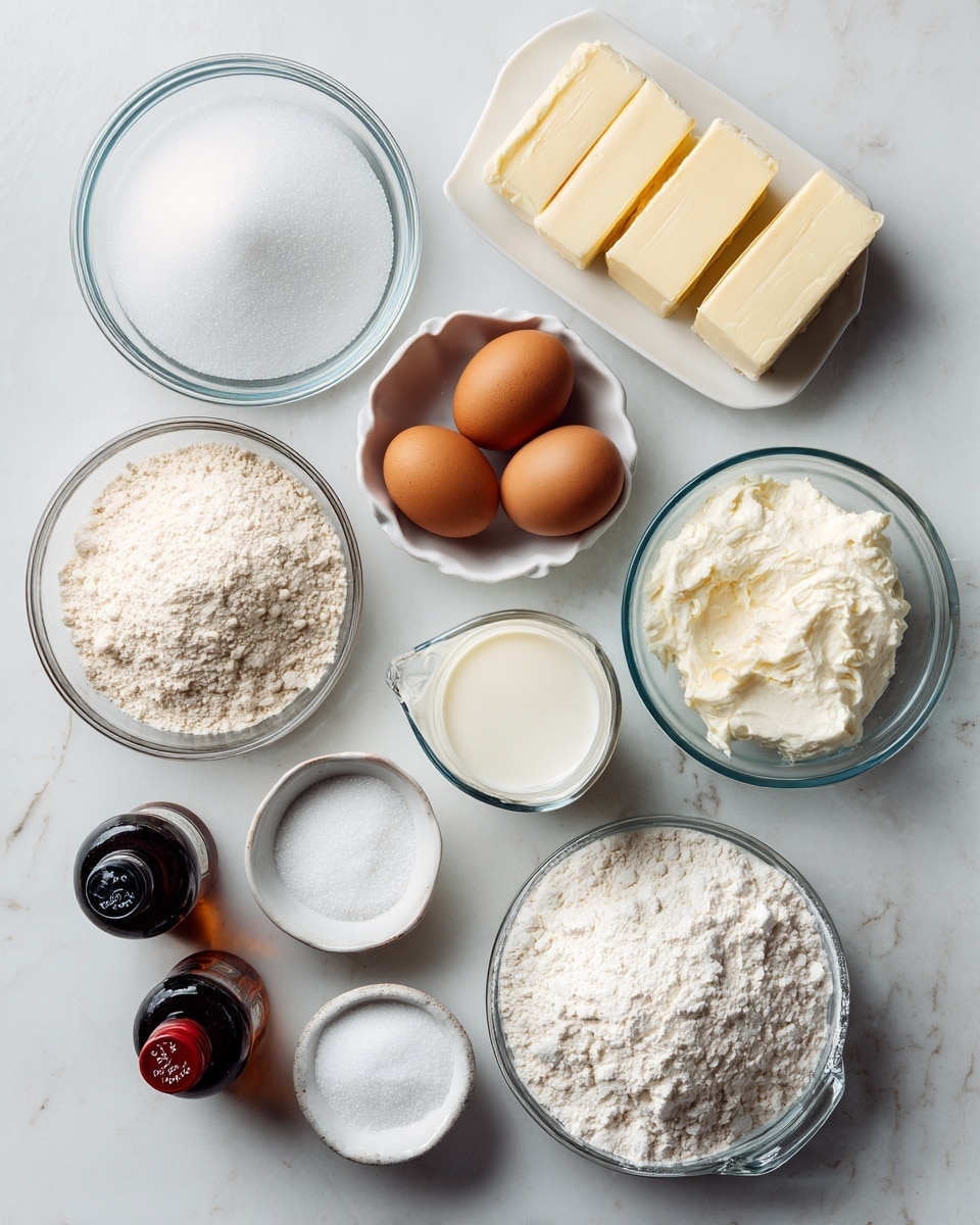 The image shows various baking ingredients neatly arranged on a white marbled surface. There are two glass bowls in the center, one with white sugar and the other with light beige all-purpose flour. To the right is a white egg holder with four brown eggs. Above it, a clear glass measuring cup contains creamy white buttermilk. At the top, two sticks of butter wrapped in paper sit side by side. To the left of the flour and sugar, two small glass bowls hold white baking soda and baking powder, while a small beige jar contains white salt. At the bottom left, there are two small bottles, one dark amber labeled vanilla extract and a black bottle labeled almond extract with a red cap. The background is a white marbled texture. photo taken with an iphone --ar 4:5 --v 7
