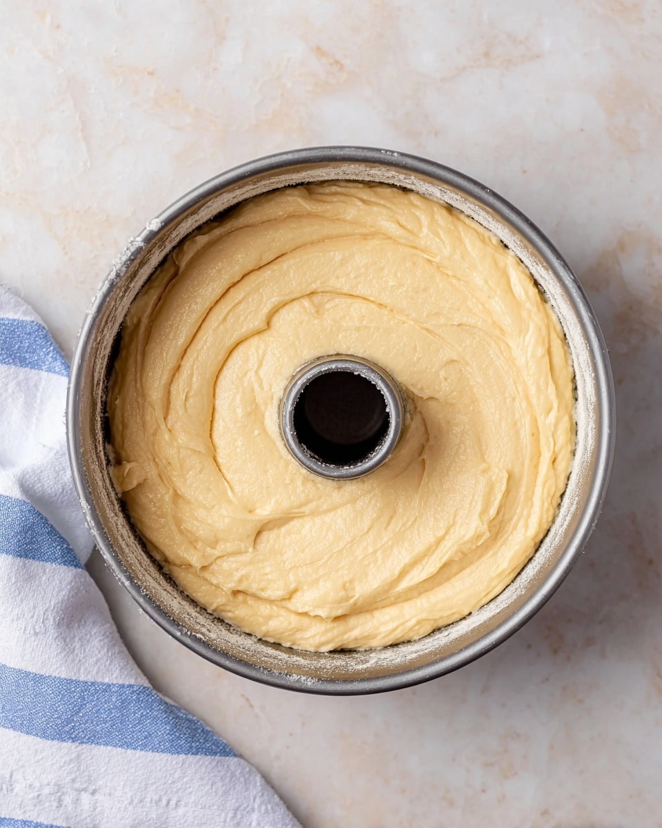 A round metal bundt pan filled with smooth, light yellow cake batter that is evenly spread inside. The batter forms one thick layer inside the pan, surrounding the hollow center tube. Some light flour dusting is visible around the edges where the batter meets the pan. The pan sits on a white marbled surface with a white cloth with blue stripes partly in view near the bottom left side. photo taken with an iphone --ar 4:5 --v 7
