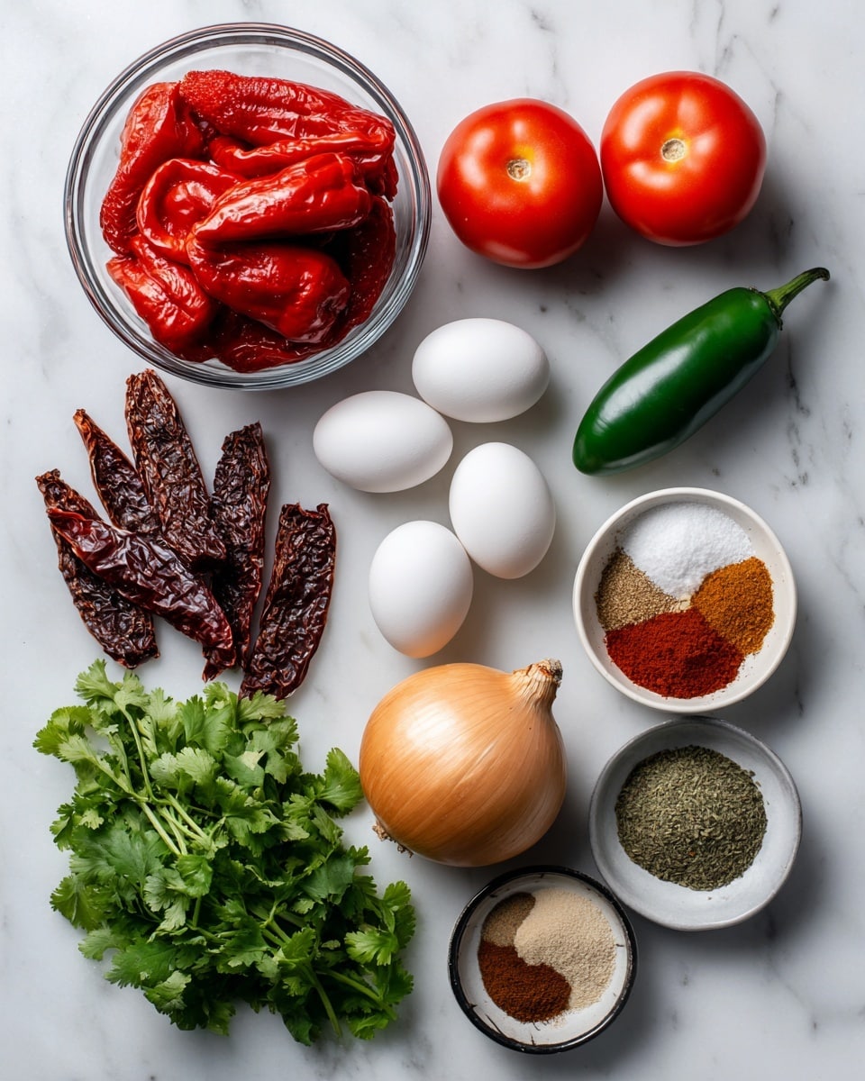 The image shows various fresh ingredients arranged neatly on a white marbled surface. In the top left, there is a clear glass bowl filled with bright red roasted red peppers with a shiny, smooth texture. To the right of the bowl are two plump, matte red Roma tomatoes. Below the tomatoes is a single green jalapeno pepper with a glossy skin. To the left of the jalapeno, there are two dried chile de arbol and several dried guajillo chiles, all deep reddish-brown with wrinkled textures. Near the bottom center, four smooth white eggs sit closely together. To the right of the eggs is a whole onion with light brown papery skin. Just below the onion, three garlic cloves with pale, slightly shiny skins are placed. At the bottom left, there is a bunch of vibrant green cilantro with leafy tops. Lastly, in the bottom right corner, a small white bowl contains ground spices in three sections: brown cumin, dark red paprika, and green ground oregano. There is also a small black and white bowl with coarse salt and sugar near the dried chiles. photo taken with an iphone --ar 4:5 --v 7