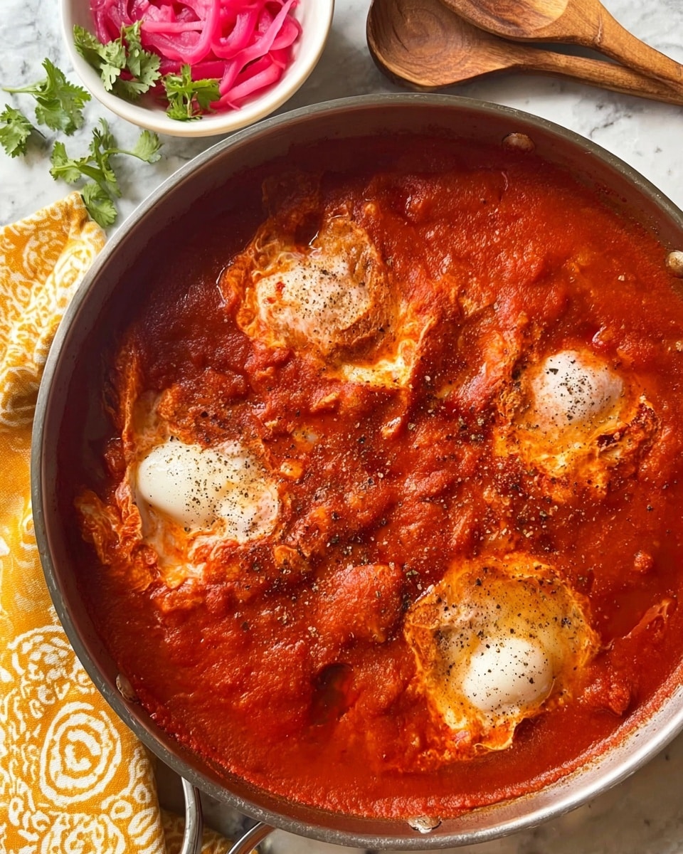 A round pan filled with a thick, bright red tomato sauce, showing four poached eggs partially submerged in the sauce, their white edges slightly ruffled and sprinkled with black pepper. The red sauce has a smooth, chunky texture with visible bits of tomatoes and spices, covering the whole base of the pan. The pan rests on a white marbled surface with a yellow and white patterned cloth nearby, alongside a wooden spoon and a small white bowl containing pink pickled onions garnished with green cilantro. Photo taken with an iphone --ar 4:5 --v 7