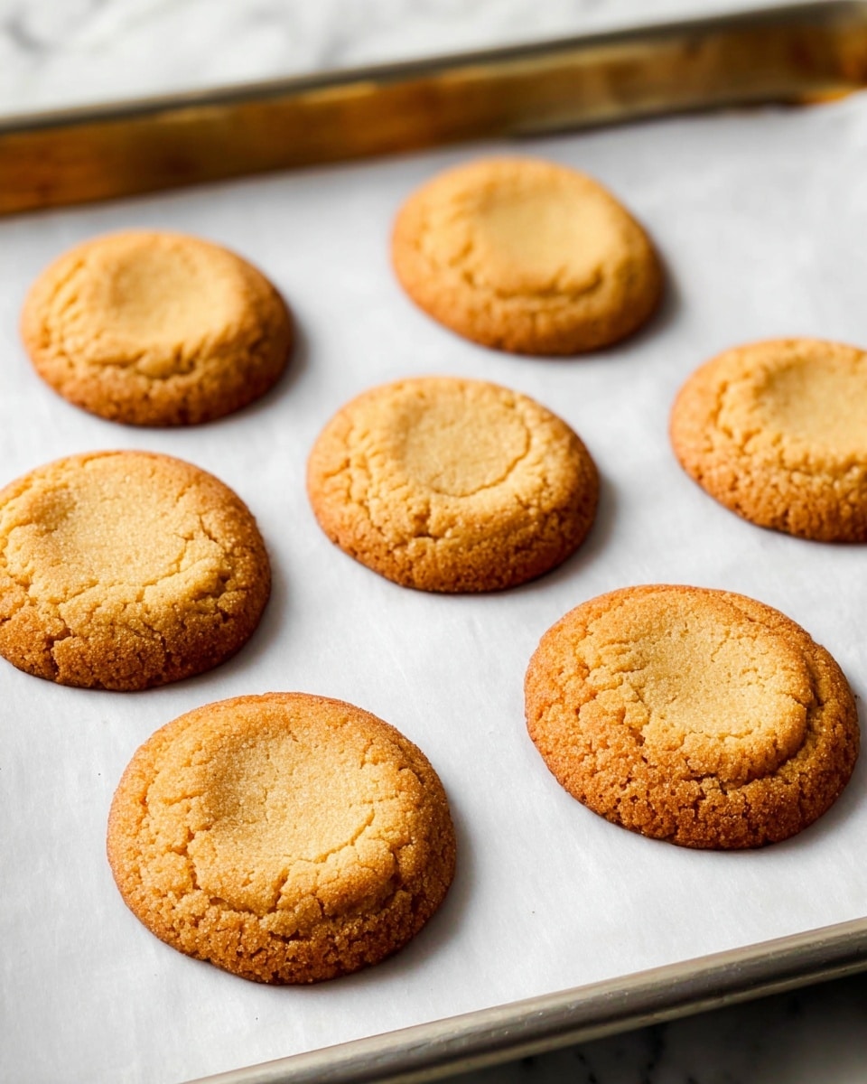 The image shows two soft, round peanut butter cookies stacked on top of each other on white parchment paper over a baking tray. Each cookie is light golden brown with a slightly cracked surface and a subtle texture that looks soft and chewy. The top cookie has a slight indentation in the center, adding a visible layer depth between the two cookies. Small crumbs are scattered around them, giving a fresh-baked feel, all set on a white marbled surface. Photo taken with an iphone --ar 4:5 --v 7
