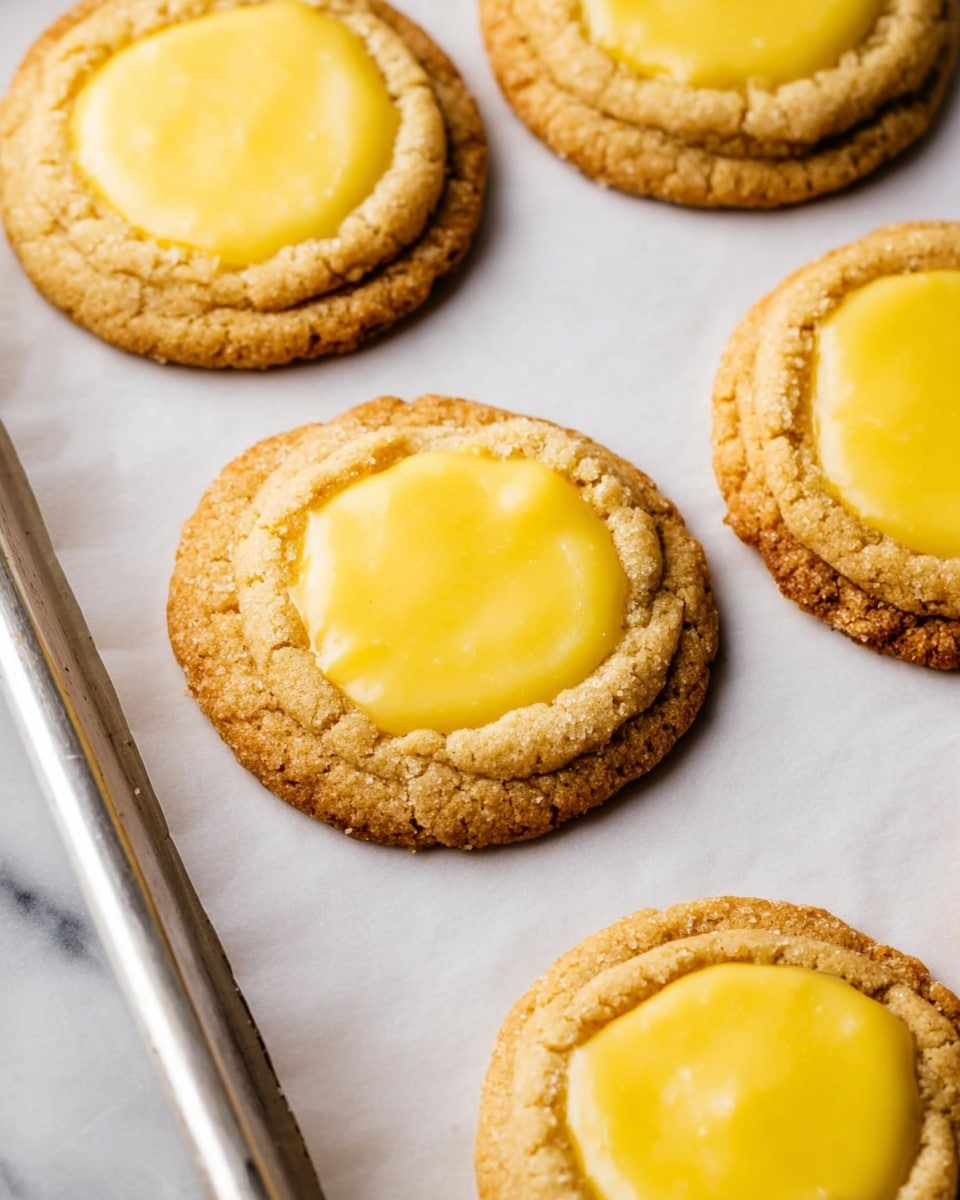 The image shows soft, round cookies placed on white baking paper over a metal tray. Each cookie has two layers: the first layer is a golden-brown, slightly crumbly cookie base with a textured surface, and the second layer is a smooth, glossy yellow filling spread evenly in the middle of the cookie, creating a bright contrast with the cookie base. The cookies have a slightly raised edge around the filling, and a few small crumbs are scattered around them. The scene is set on a white marbled surface visible beneath the tray. photo taken with an iphone --ar 4:5 --v 7