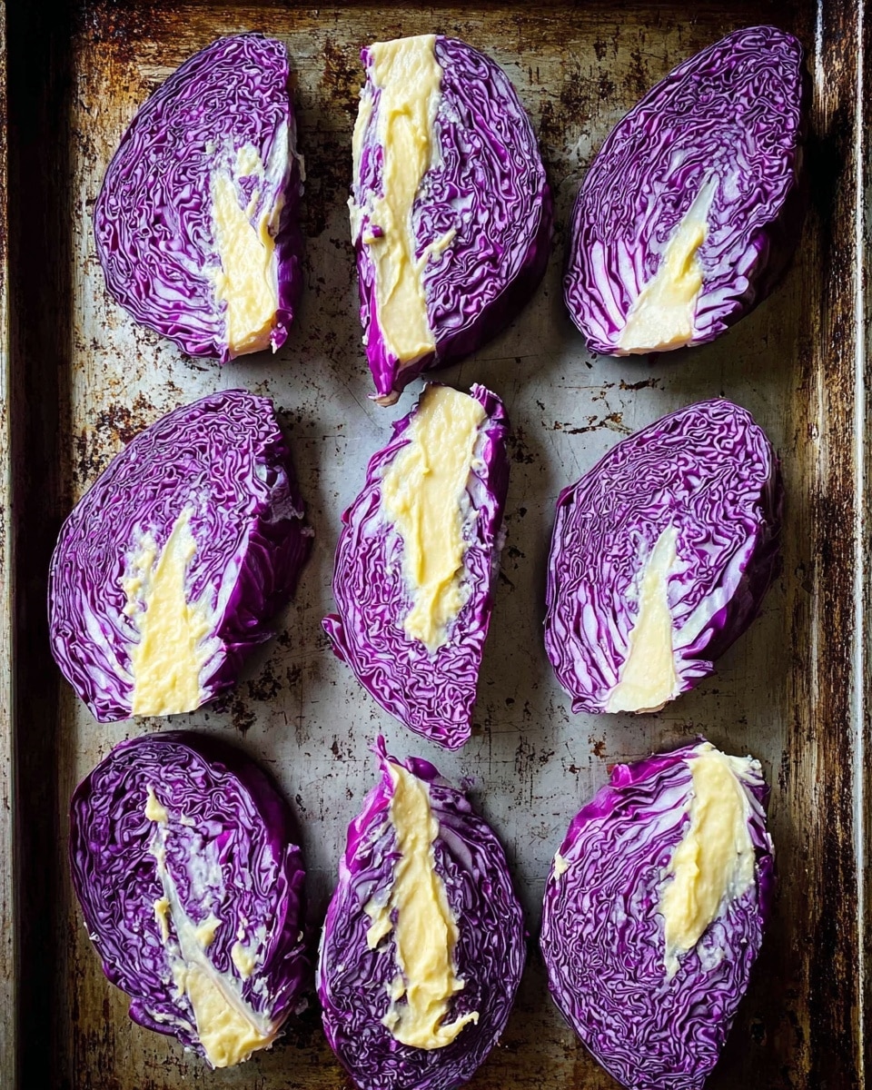 There are eight pieces of purple cabbage cut into wedges arranged on a worn, dark baking sheet. Each wedge is topped with a thick layer of pale yellow creamy spread, covering most of the flat side of the cabbage. The cabbage has deep purple outer leaves with lighter inner leaves visible under the spread. The spread appears soft and slightly textured, spread unevenly but fully on each piece. The baking sheet shows scratches and stains from use. photo taken with an iphone --ar 4:5 --v 7