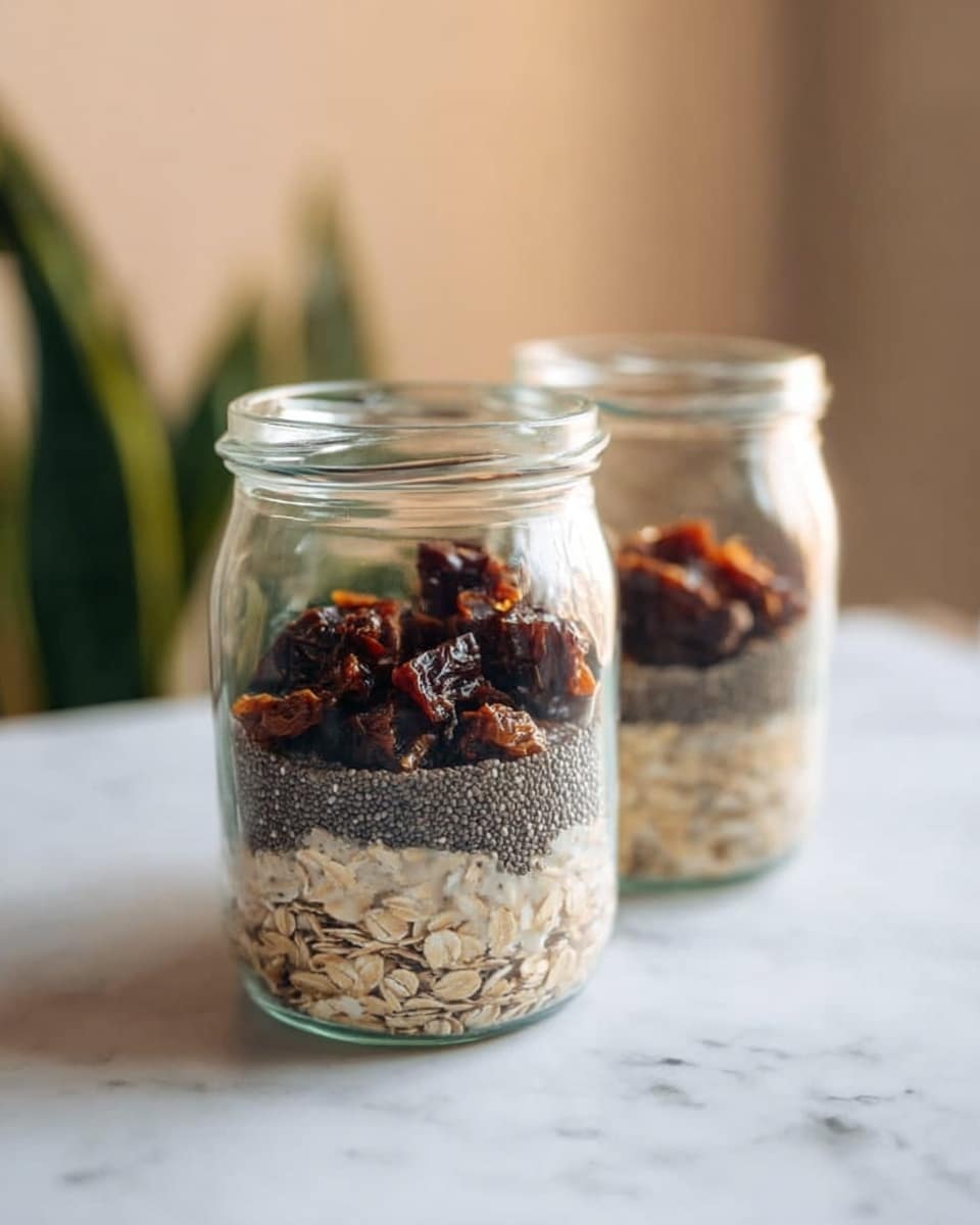 The image shows two clear glass jars placed on a white marbled surface with soft natural light. Each jar has three visible layers starting with a bottom layer of light beige rolled oats. Above the oats, there is a thin middle layer of small, black chia seeds creating a dark contrast. The top layer consists of chunky, dark brown dried fruit pieces, possibly dates or raisins, with a rough texture. Both jars are open at the top, allowing a clear view of the three layers inside. The background is softly blurred with light beige and green tones from plants, giving a calm and fresh feel. Photo taken with an iphone --ar 4:5 --v 7