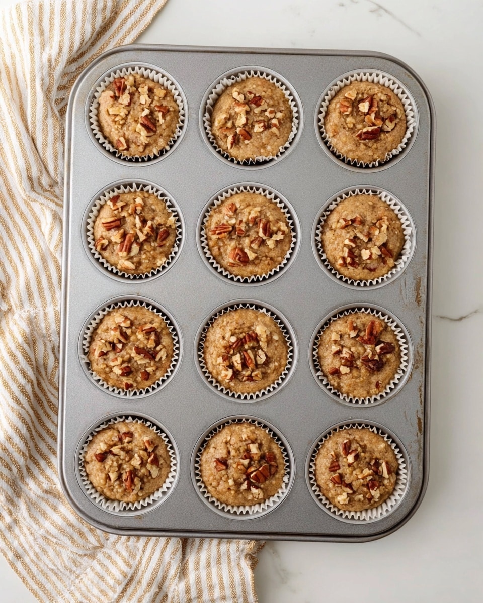 A metal muffin tray with twelve cups is filled with light brown batter topped with small chunks of chopped pecans, creating a textured and slightly uneven surface in each cup. The muffin liners are white, and the tray rests on a white marbled surface. A striped kitchen towel with beige and white lines is partially visible at the lower left corner of the image. The scene is evenly lit and clear, focusing on the preparation of the unbaked muffins photo taken with an iphone --ar 4:5 --v 7