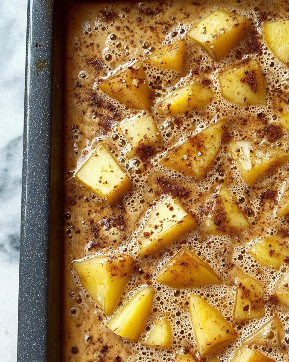A close-up view of a baking pan filled with a creamy liquid base that looks light brown, covered with small bubbles and specks of dark spices, likely cinnamon and black pepper. Scattered evenly on top are irregular chunks of yellowish potato with skin on, some pieces larger than others, all partially soaked in the creamy sauce. The edges of the pan are visible, showing a dark non-stick surface, and the entire scene is set on a white marbled background. photo taken with an iphone --ar 4:5 --v 7
