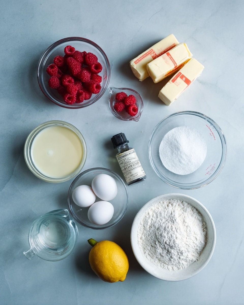 The image shows nine cooking ingredients neatly placed on a light blue surface. At the top center, there are two blocks of butter with orange and white wrappers. Below and slightly to the left is a small clear glass bowl filled with bright red raspberries. To the right of the raspberries is a small bottle of lemon flavor with a black label and white cap. Below the lemon flavor bottle is a round white bowl filled with white granulated sugar. To the left of the sugar is a clear glass measuring cup filled with light cream. Below the sugar bowl is a smaller round clear bowl holding three white eggs. To the left bottom corner is a clear glass measuring cup with a small amount of clear liquid inside. Near the middle-left is a whole bright yellow lemon. At the bottom center is a large clear glass bowl filled with fine white flour. The whole scene is on a smooth white marbled surface photo taken with an iphone --ar 4:5 --v 7