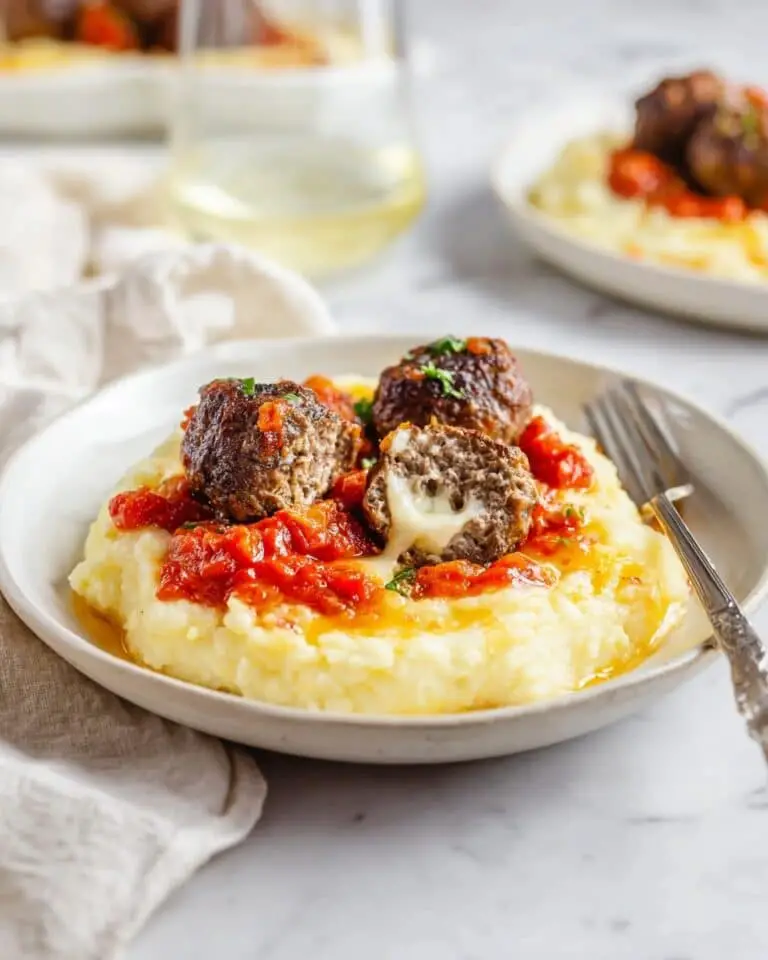 Meatloaf-Style Stuffed Meatballs with Tomato Jam and Creamy Mashed Potatoes Recipe