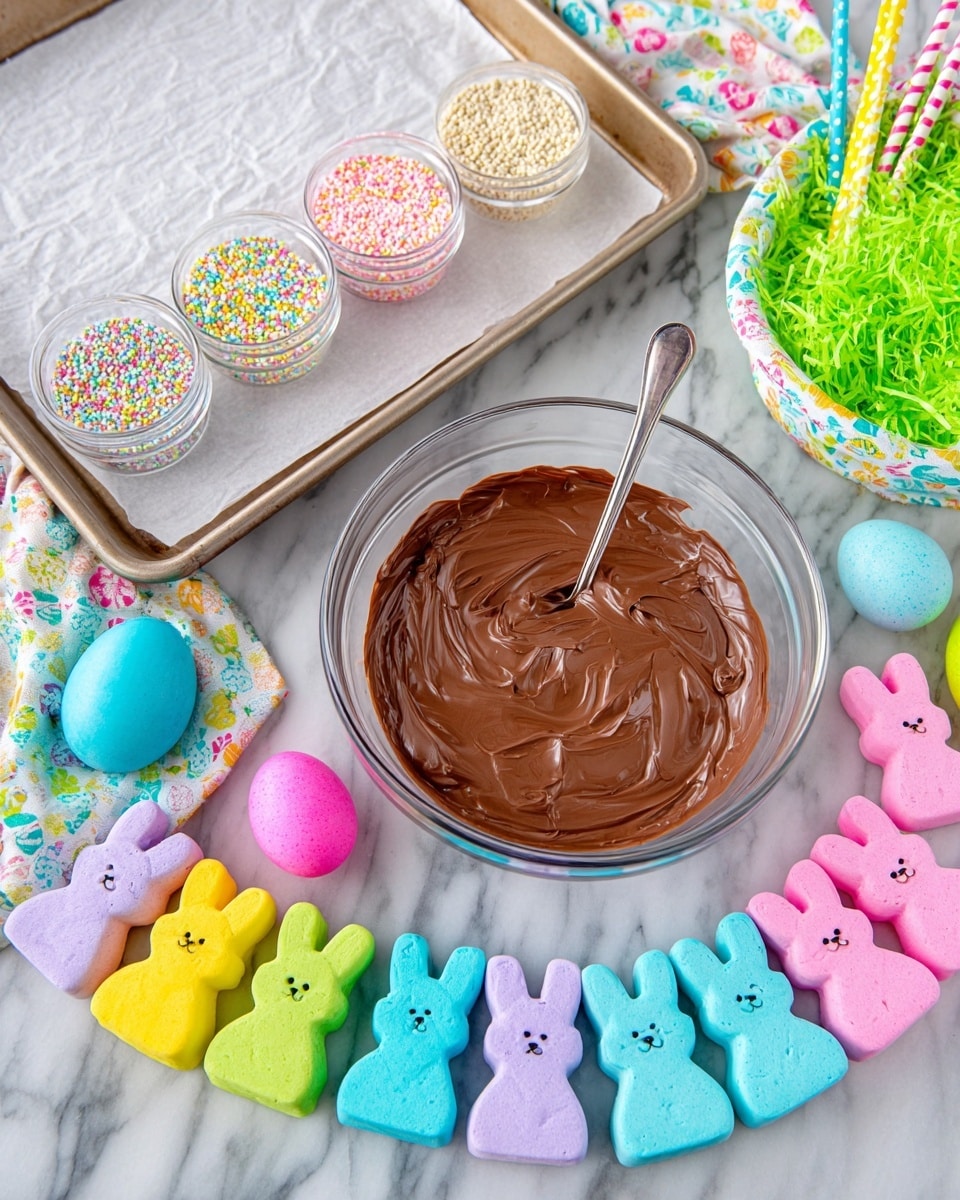A clear glass bowl filled with a smooth, glossy layer of melted chocolate sits at the center on a white marbled surface, with a silver spoon resting inside. Around it, four rows of colorful marshmallow bunny shapes are arranged: one bright pink, one light blue, one lavender, and another pink group, each bunny having simple small dots for eyes and noses. Above the bowl is a rectangular metal baking tray lined with white parchment paper, and to the left of the bowl are three small clear containers filled with various pastel-colored sprinkles. Nearby are several colorful polka-dotted straws in yellow, green, blue, pink, and turquoise, with a bright pink plastic egg and a blue flower-patterned cloth adding more soft colors to the scene. A colorful Easter basket filled with green shred paper is also partially visible. Photo taken with an iphone --ar 4:5 --v 7