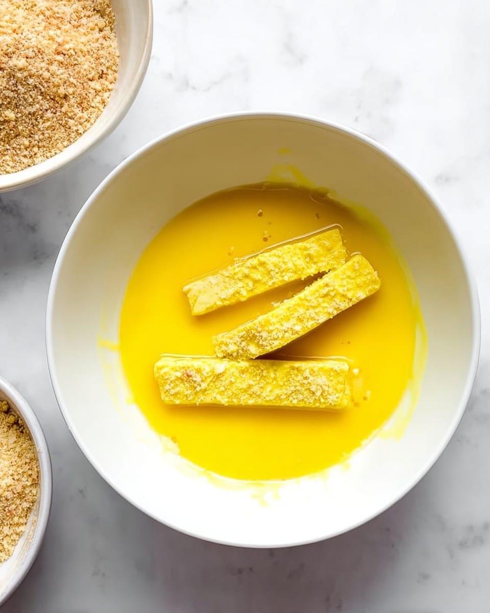 A white bowl filled with bright yellow beaten eggs, with three rectangular pieces of food partially dipped inside, showing a light yellow coating on the pieces; the bowl sits on a white marbled surface, and to the left edge of the image, a small part of another white bowl containing light brown breadcrumbs is visible. photo taken with an iphone --ar 4:5 --v 7