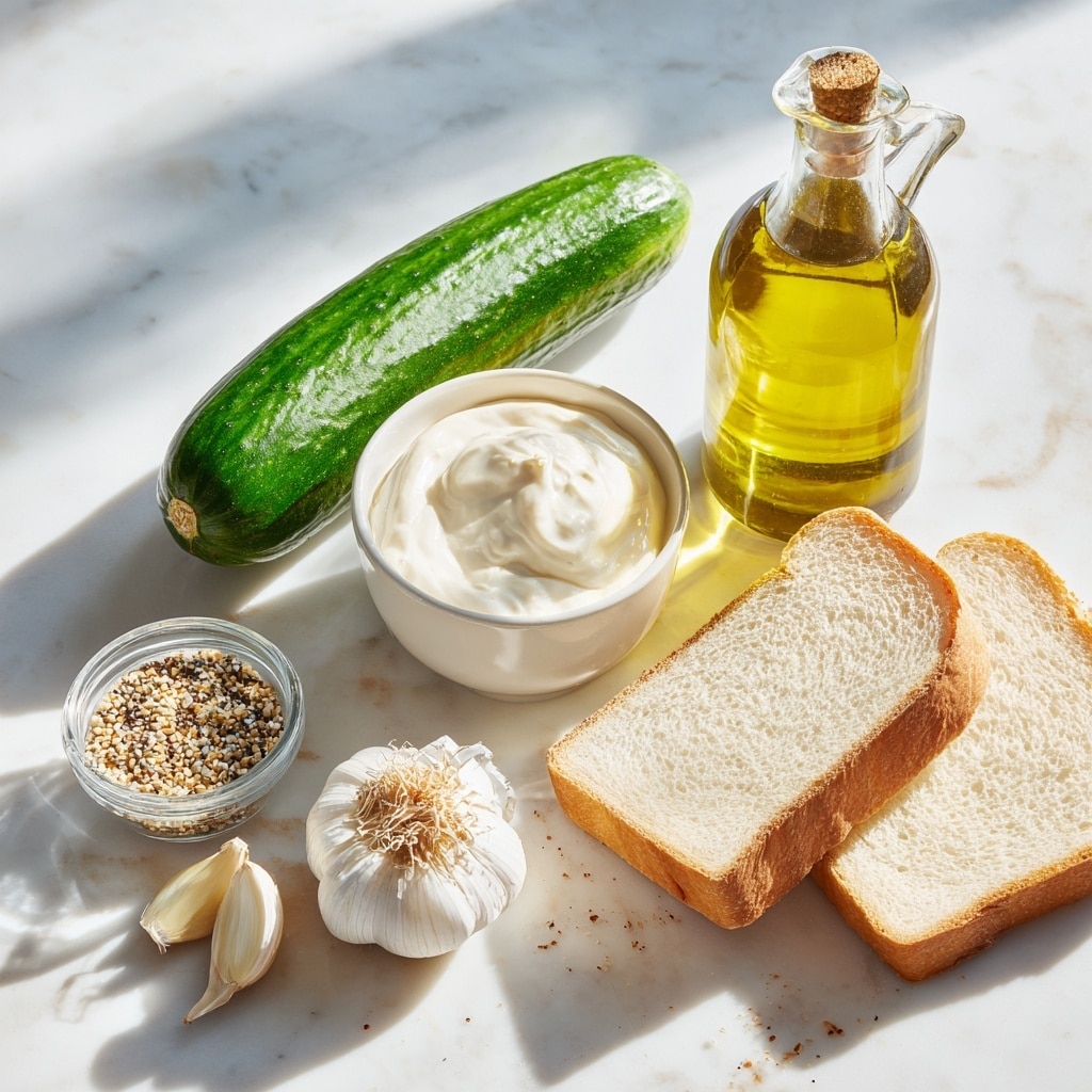 The image shows a simple dish with thin round cucumber slices coated in white mayo, sprinkled with green chives and black and white everything bagel seasoning, along with small specks of salt and black pepper, all arranged on a large white plate with a natural beige rim, placed on a white marbled surface. Below the plate, there is a single slice of light-colored bread with a soft texture and a few holes, also resting on the white marbled background. The overall color is fresh with light greens, whites, and the natural tones of the bread, creating a clean and simple look. photo taken with an iphone --ar 4:5 --v 7
