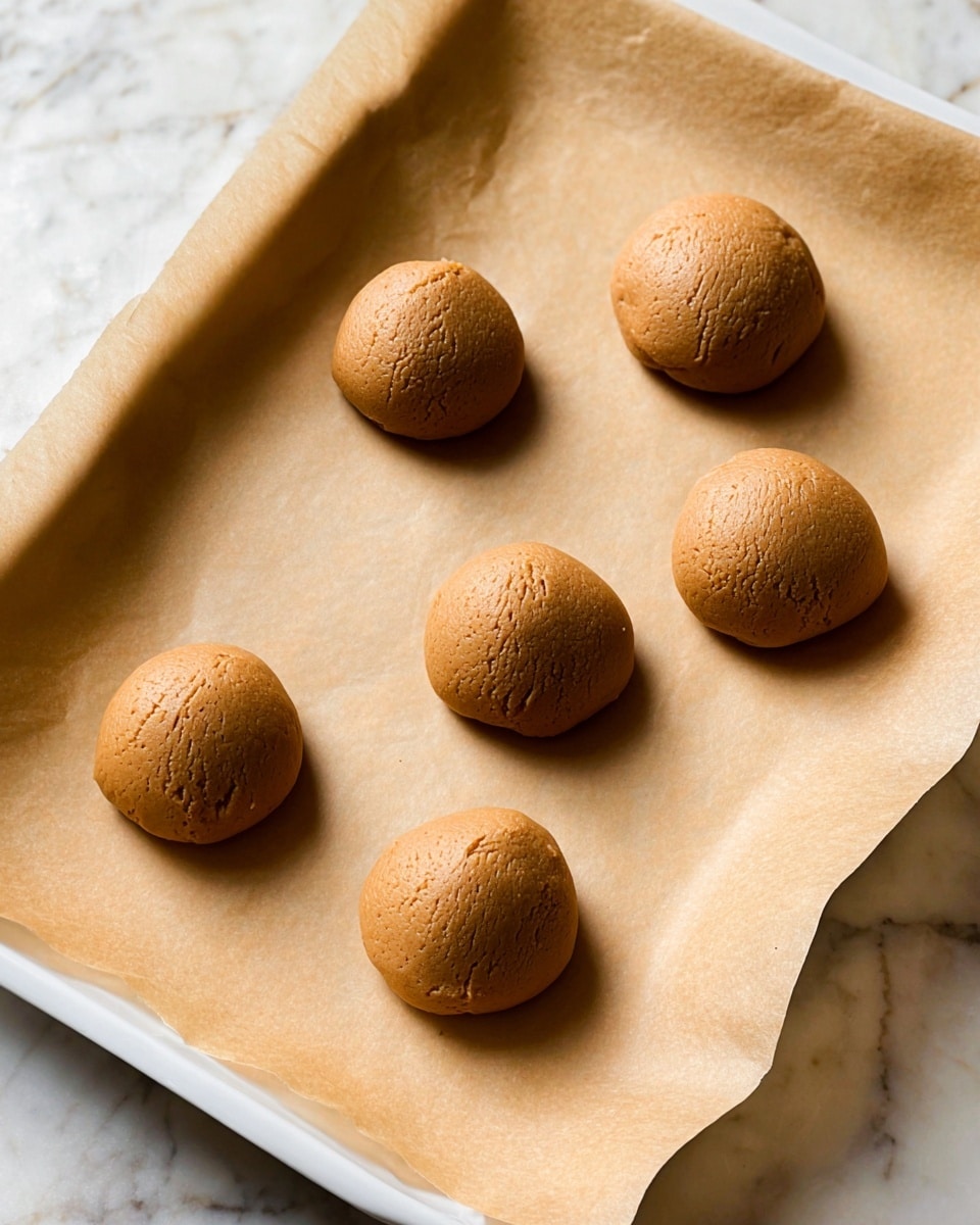 The image shows six round scoops of light brown dough arranged loosely on a sheet of light brown parchment paper, which is laid over a white tray. Each scoop is smooth with a slightly textured surface and evenly shaped like a half-sphere. The tray is placed on a white marbled surface that has soft gray and beige veining visible around the edges. The light and shadows suggest natural lighting from the top left, giving the dough scoops a warm, soft glow. photo taken with an iphone --ar 4:5 --v 7