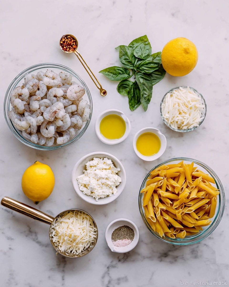 The image shows ingredients neatly placed on a white marbled surface. There is a large clear glass bowl on the right filled with uncooked yellow penne pasta. To the left, another large clear glass bowl holds raw peeled shrimp, grayish-white in color. Near the center, fresh green basil leaves lie flat. Above that is a small gold measuring spoon filled with dried herbs and a small white bowl with red chili flakes. A whole lemon is positioned near these. Below the lemon is a metal measuring cup filled with white crumbled cheese and next to it is a smaller gold measuring cup with shredded white cheese. There are two small white bowls with seasoning, one containing a yellow oil and the other with pink salt and black pepper. The colors are light and fresh, laid out simply and cleanly. Photo taken with an iphone --ar 4:5 --v 7