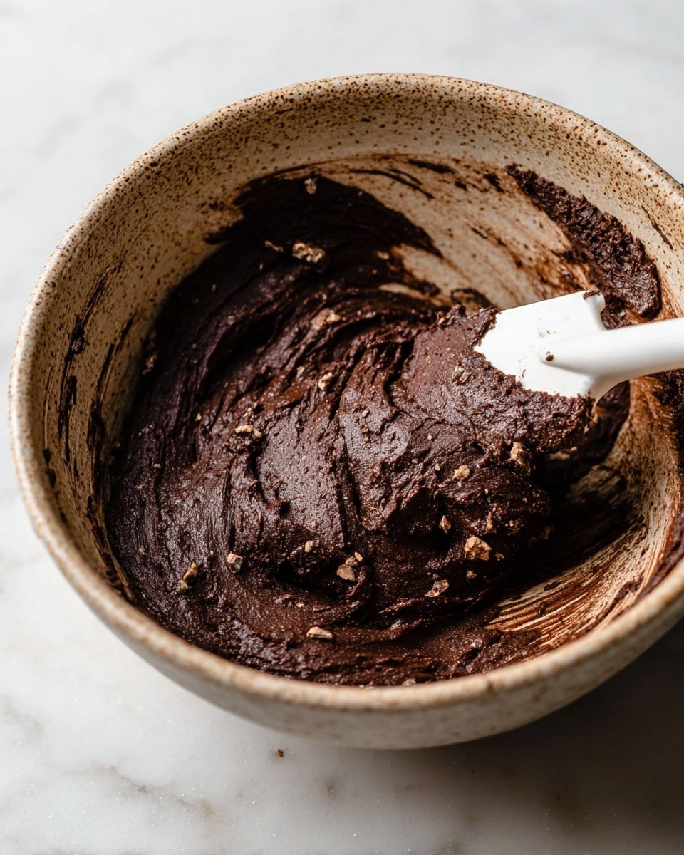 A close-up view of a speckled brown ceramic bowl filled with thick, dark brown chocolate dough that has a rich, smooth texture with some small chunks visible. A white spatula with chocolate dough sticking to it rests inside the bowl on the right side. The bowl sits on a white marbled surface. The sides of the bowl show smears and streaks of the chocolate dough. Photo taken with an iphone --ar 4:5 --v 7