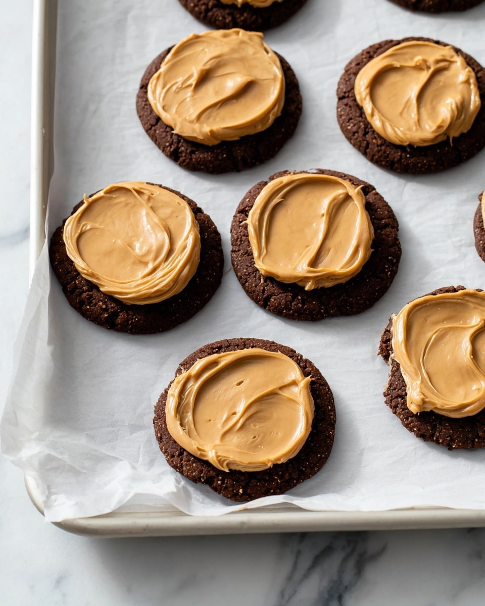 The image shows a white baking tray lined with parchment paper on a white marbled surface. On the parchment paper, there are seven round chocolate cookies evenly spaced. Each cookie has one thick layer of smooth, tan peanut butter spread on top, covering the entire surface of the cookie with visible swirl marks from spreading. The cookies have a dark brown color and a slightly rough texture on the edges, while the peanut butter layer is creamy and matte. Photo taken with an iphone --ar 4:5 --v 7