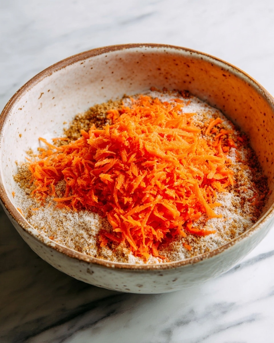 A white speckled bowl holds a mixture of ingredients on a white marbled surface. The bottom layer is a light brown powder with a grainy texture, partially covered by a large mound of bright orange shredded carrots that sit in the center, creating a contrast with the powder. The bowl has a rustic look with a slightly curved edge. Photo taken with an iphone --ar 4:5 --v 7
