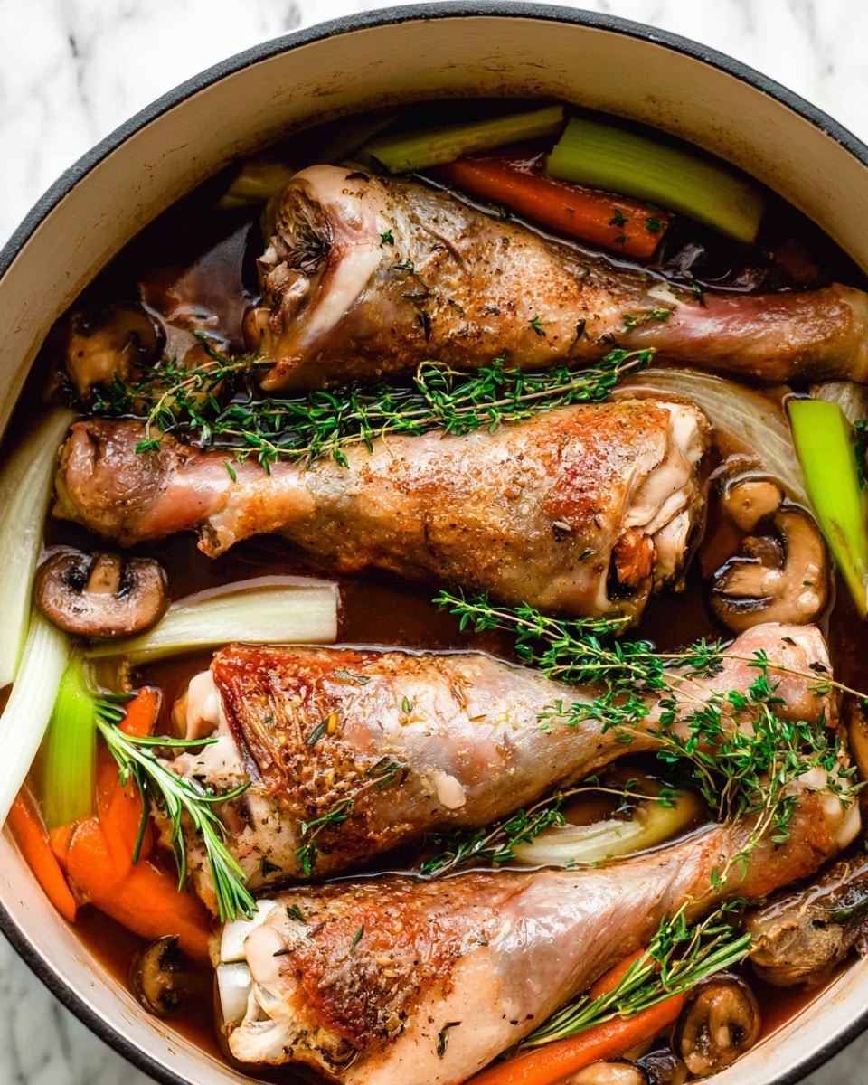 The image shows a white pot filled with four large cooked turkey drumsticks with a light brown color and some crispy spots. Around and beneath the drumsticks are sliced mushrooms, thick wedges of white onion, green celery pieces, and bright orange carrot sticks. Sprigs of fresh green rosemary and thyme rest on top of the drumsticks, adding a fresh look. The liquid in the pot is dark brown, partially covering the vegetables and meat. The background is a white marbled surface. photo taken with an iphone --ar 4:5 --v 7