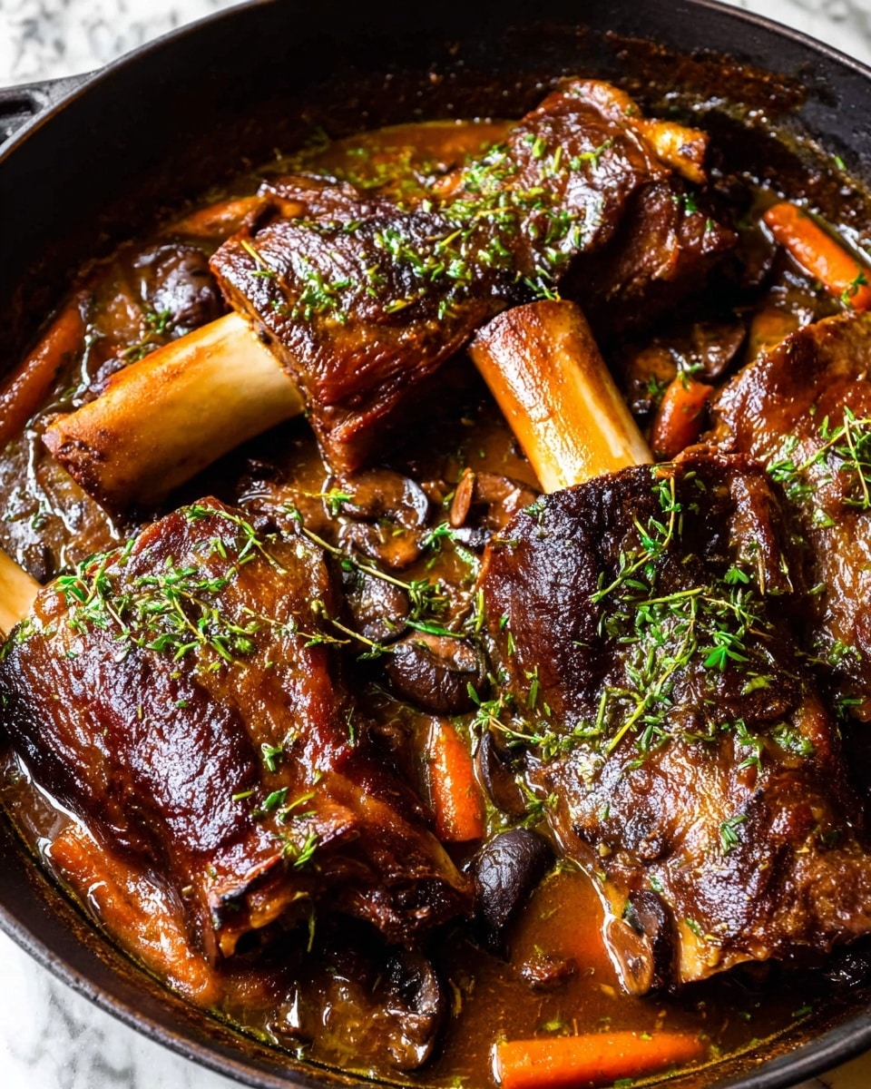 The image shows a close-up of a dark pan filled with four large, browned meat pieces with long bones sticking out, evenly spaced and slightly overlapping. The meat looks juicy and shiny, covered with a rich brown sauce that pools around the pieces. Beneath and between the meat are small cooked carrots in bright orange and slices of dark brown mushrooms, mixed in the sauce. Sprinkled finely on top are small green herbs, adding freshness to the dark dish. The edges of the pan have some sauce marks, enhancing the cooked look. The setting has a white marbled background. Photo taken with an iphone --ar 4:5 --v 7