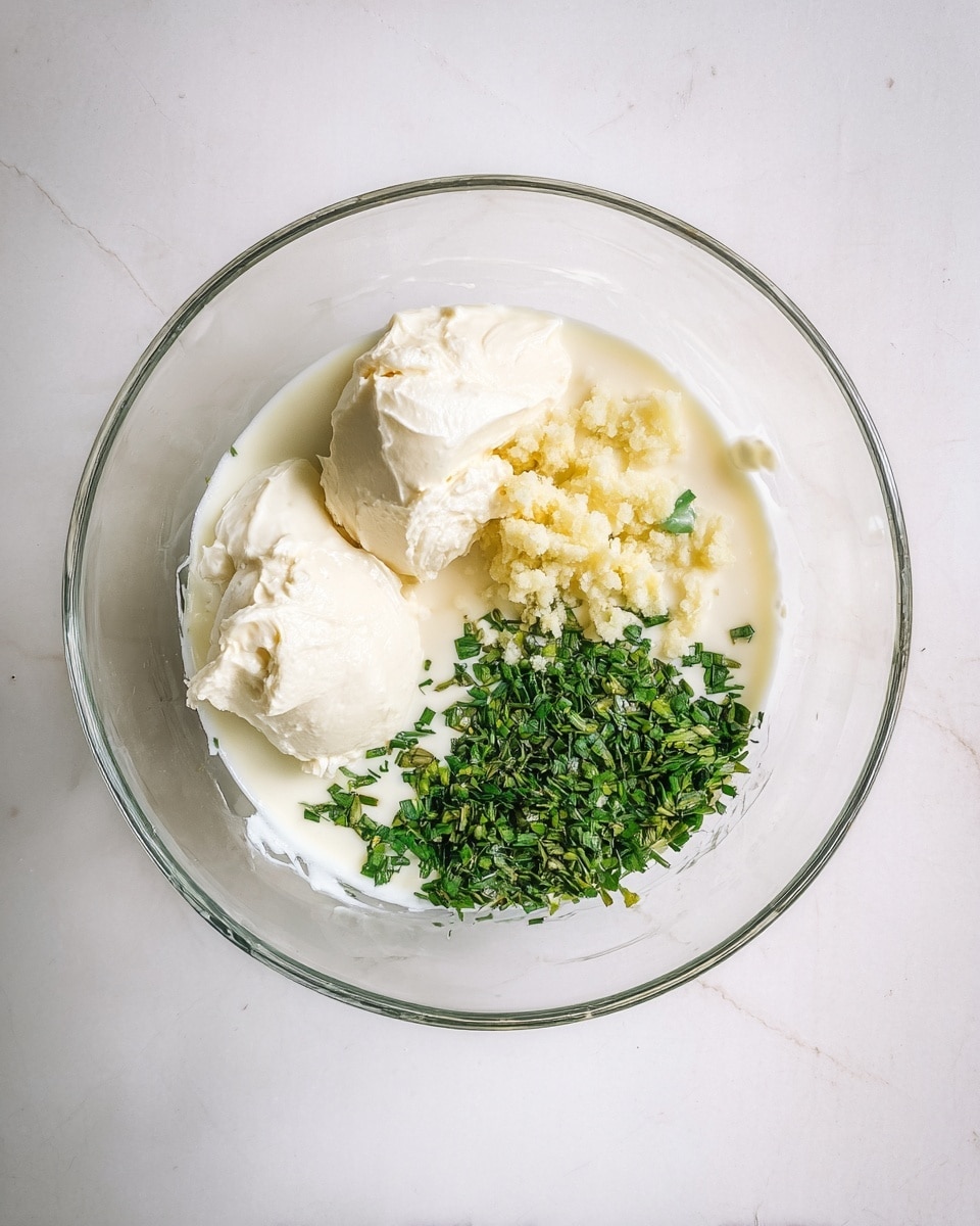 A clear glass bowl on a white marbled surface holds four main layers: a large base of creamy white liquid filling most of the bowl, two thick dollops of off-white creamy substances positioned close together at the top center, small pieces of pale yellow minced bits placed between the dollops, and a pile of finely chopped bright green herbs taking up the lower right quarter of the bowl. The textures range from smooth and creamy to small chopped pieces, all contained neatly without mixing. Photo taken with an iphone --ar 4:5 --v 7